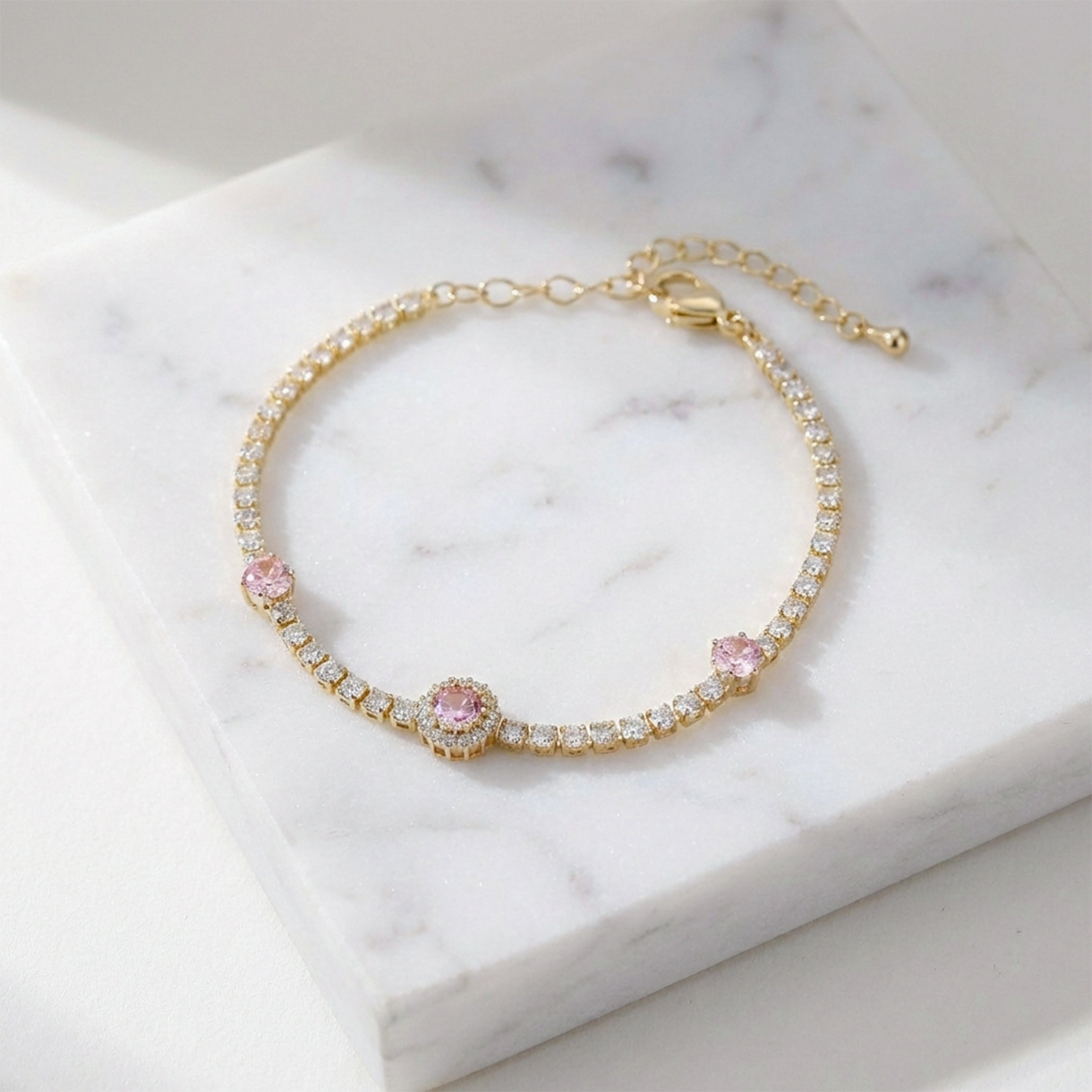 Gold Pink Halo Tennis Bracelet for women - Finora Jewels