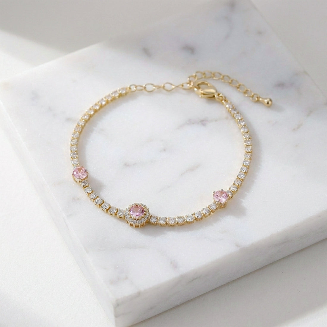 Gold Pink Halo Tennis Bracelet for women - Finora Jewels