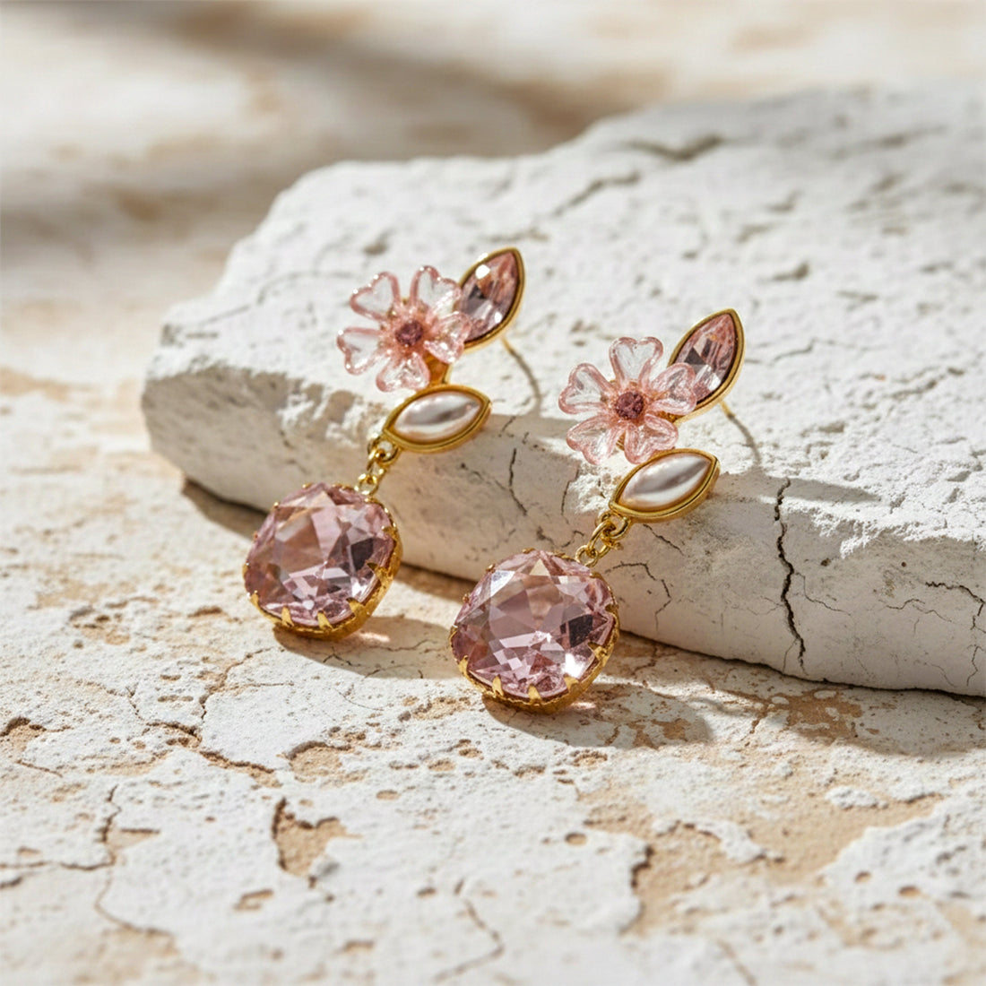 Blush Floral Crystal Drop Earrings for women in Gold - Finora Jewels