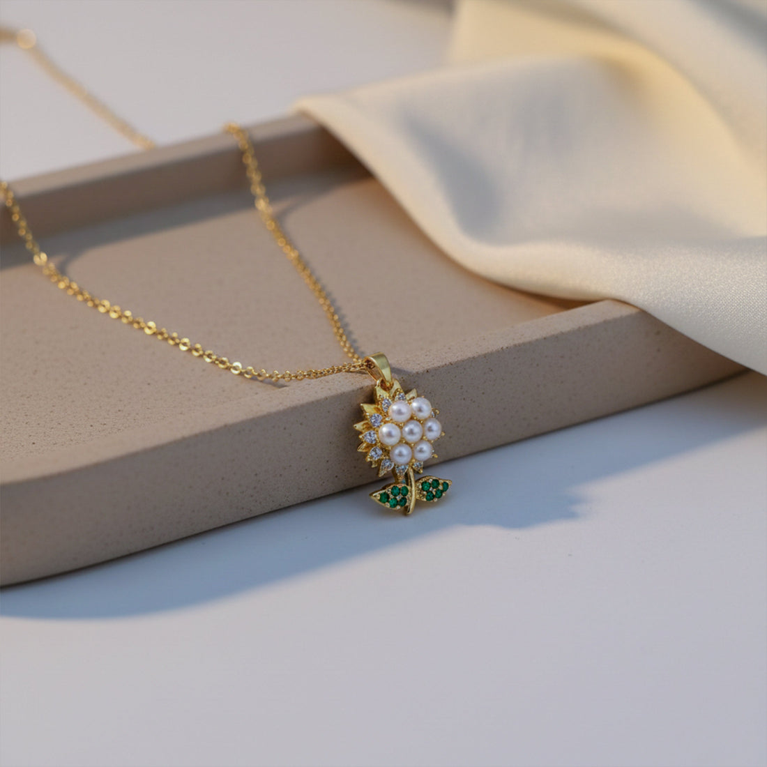 Women Necklace Olden Bloom Floral with Green Leaf Accents Gold jewellery - Finora Jewels