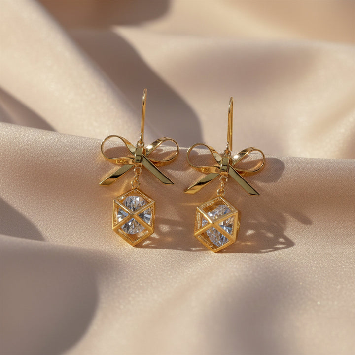 Gold-Toned Bow Cube Dangle Ear Studs GWE -110