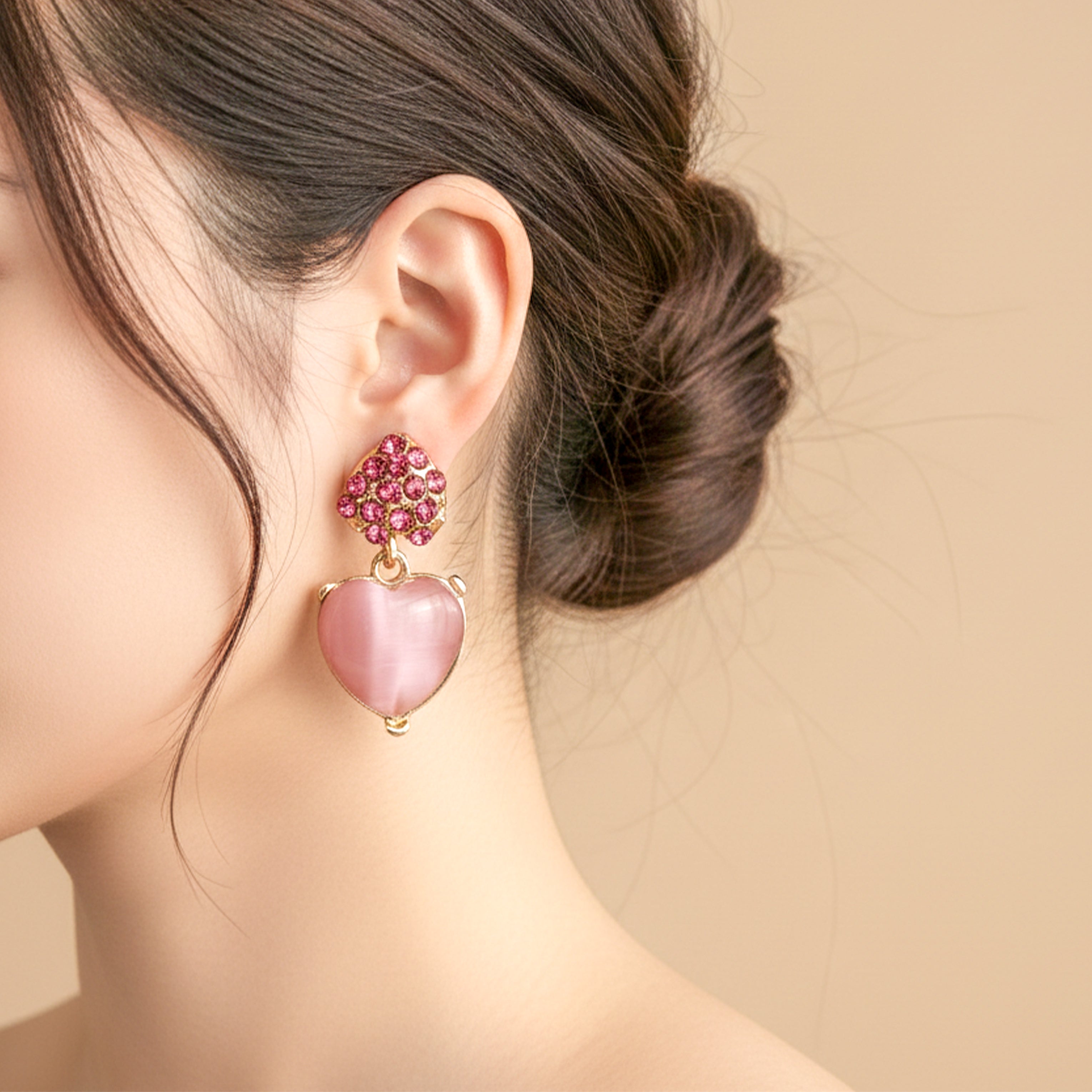 Pink Heart Crystal Stud Earrings for women in Gold - Finora Jewels