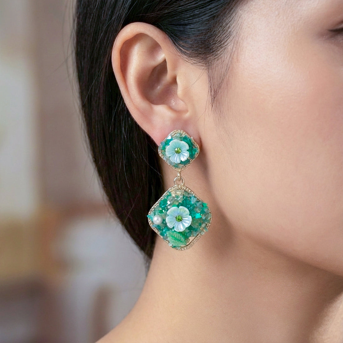 Verde Bloom Twin Dangle Ear Studs GWE -240
