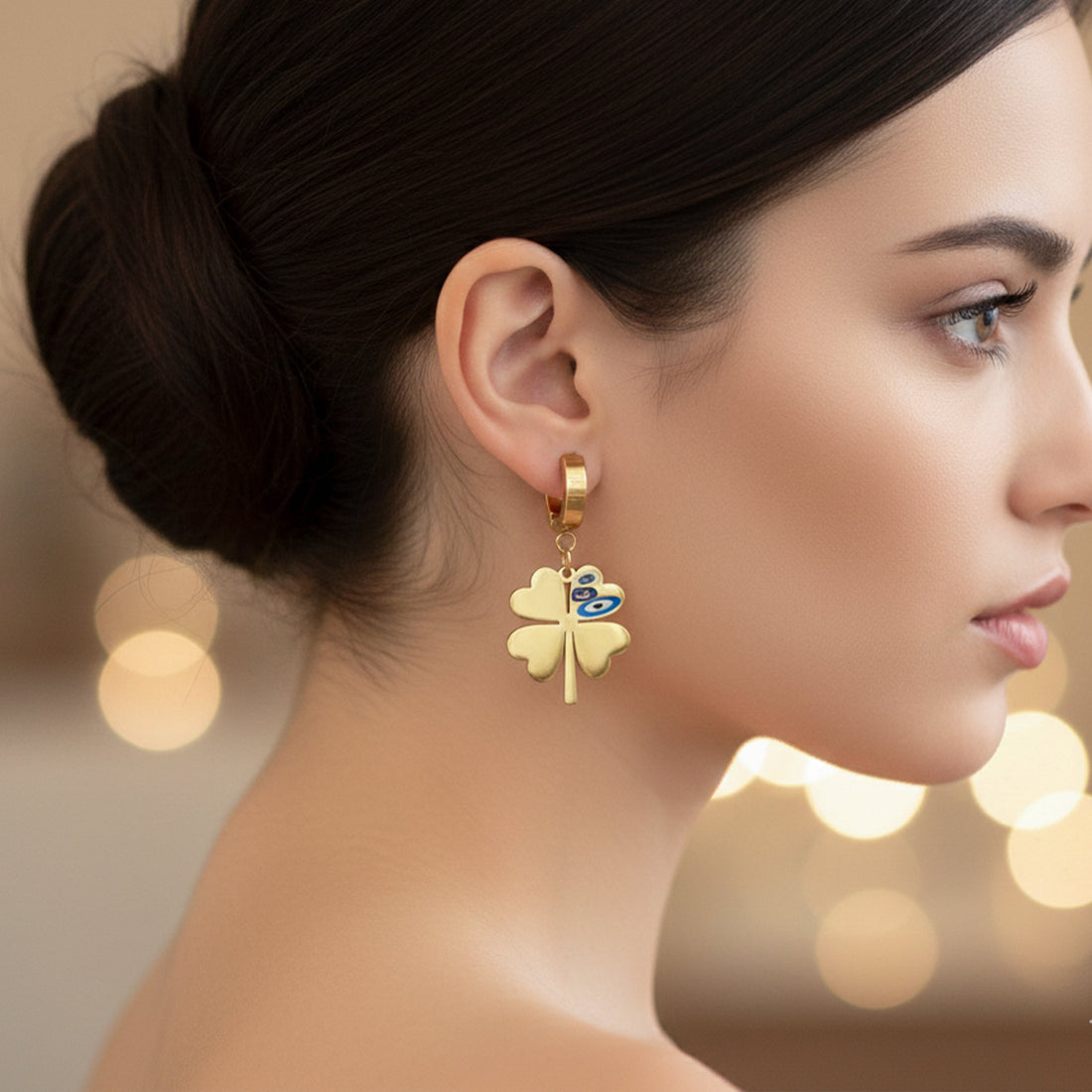 Women Hoop Earrings Evil Eye Clover Gold jewellery - Finora Jewels