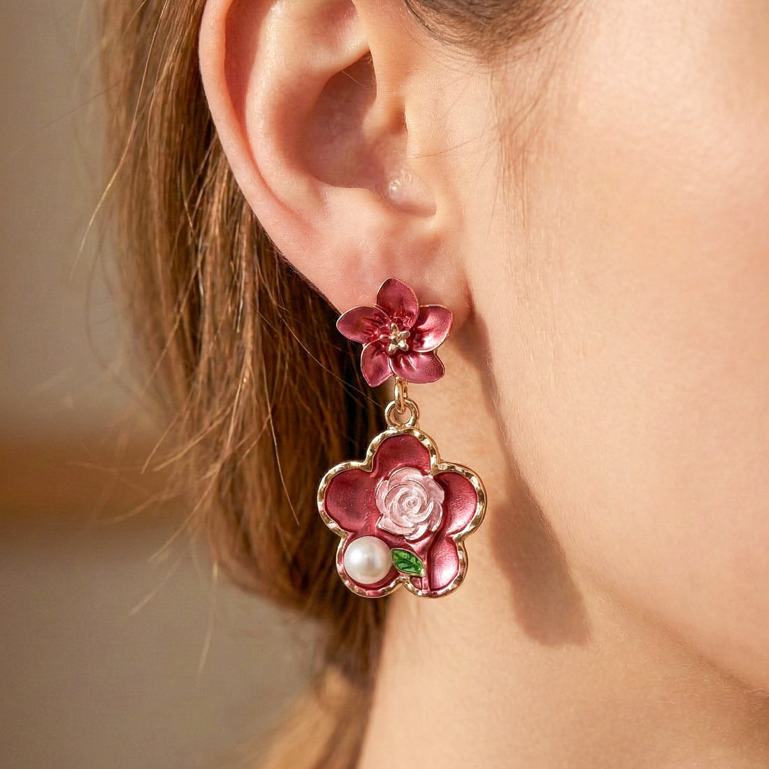 Enamel Pearl Stud Earrings for women in Gold - Finora Jewels