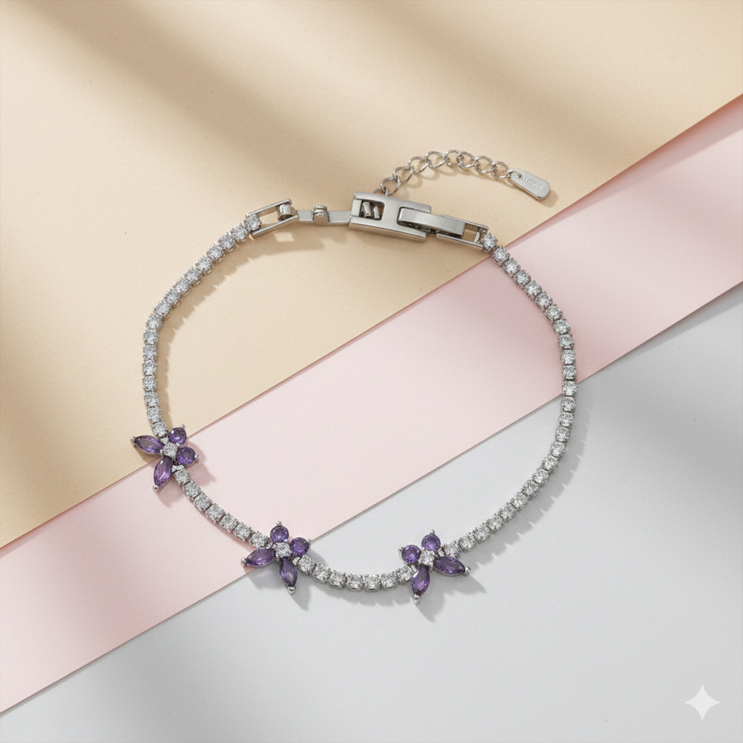 Purple Floral Accent Tennis Bracelet for women in Silver - Finora Jewels