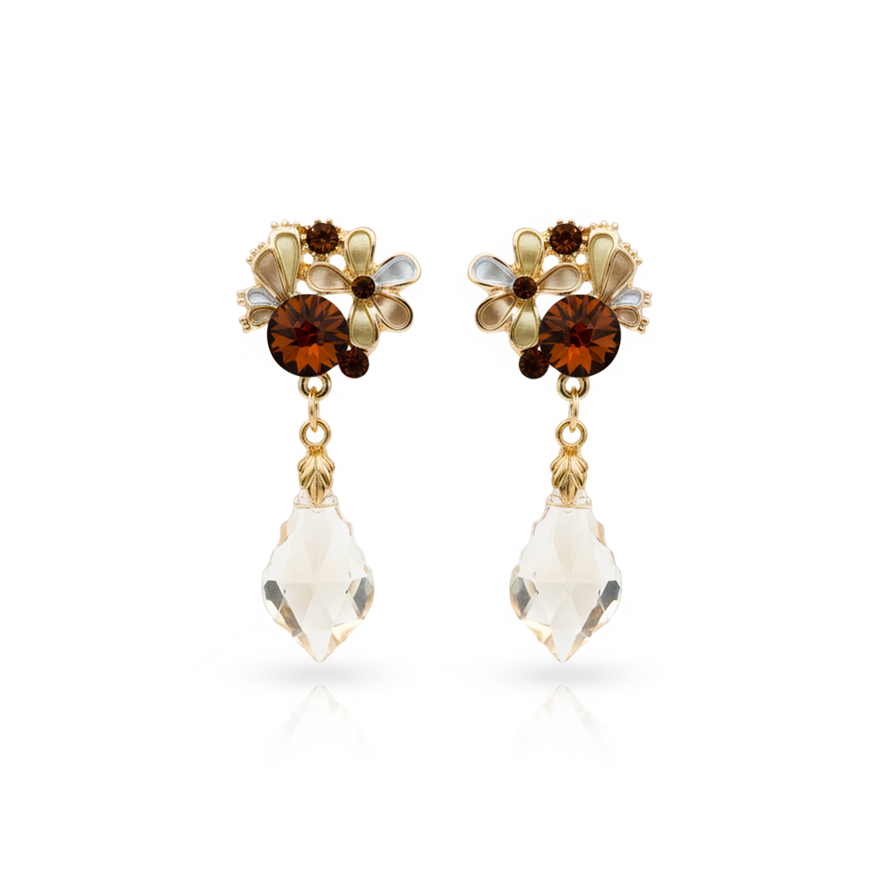 Brown Crystal Floral Drop Stud Earrings for women in Gold - Finora Jewels
