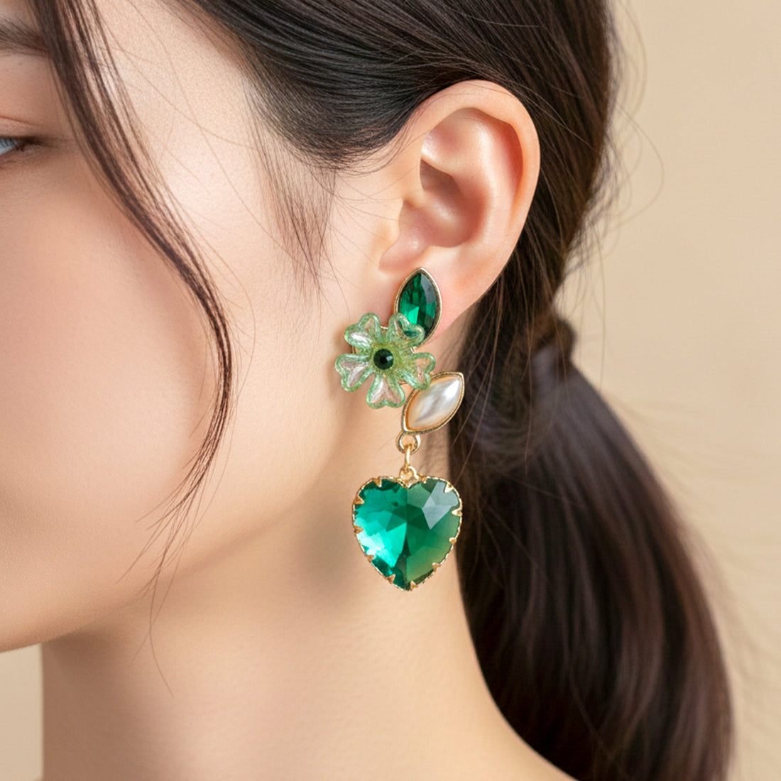 Women Stud Earrings Reen Heart Crystal Gold jewellery - Finora Jewels