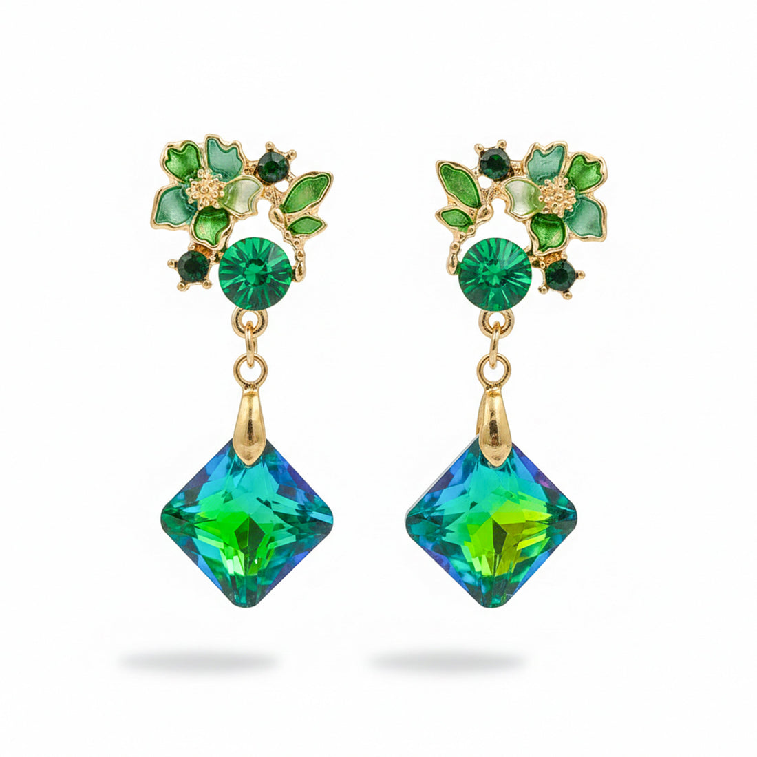 Women Stud Earrings Green Floral Gold jewellery - Finora Jewels