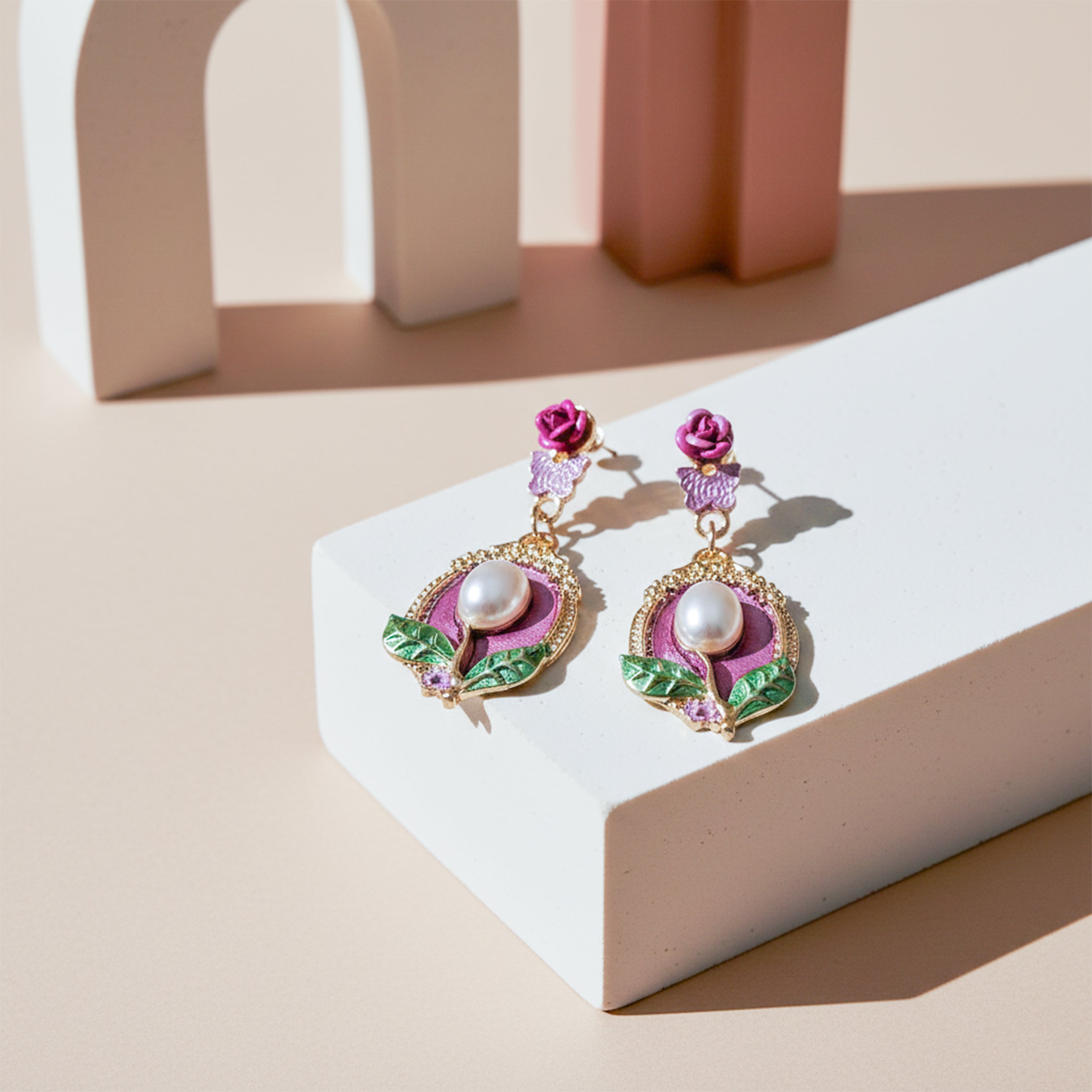 Timeless Rosette Moti Dangle Ear Studs GWE -225