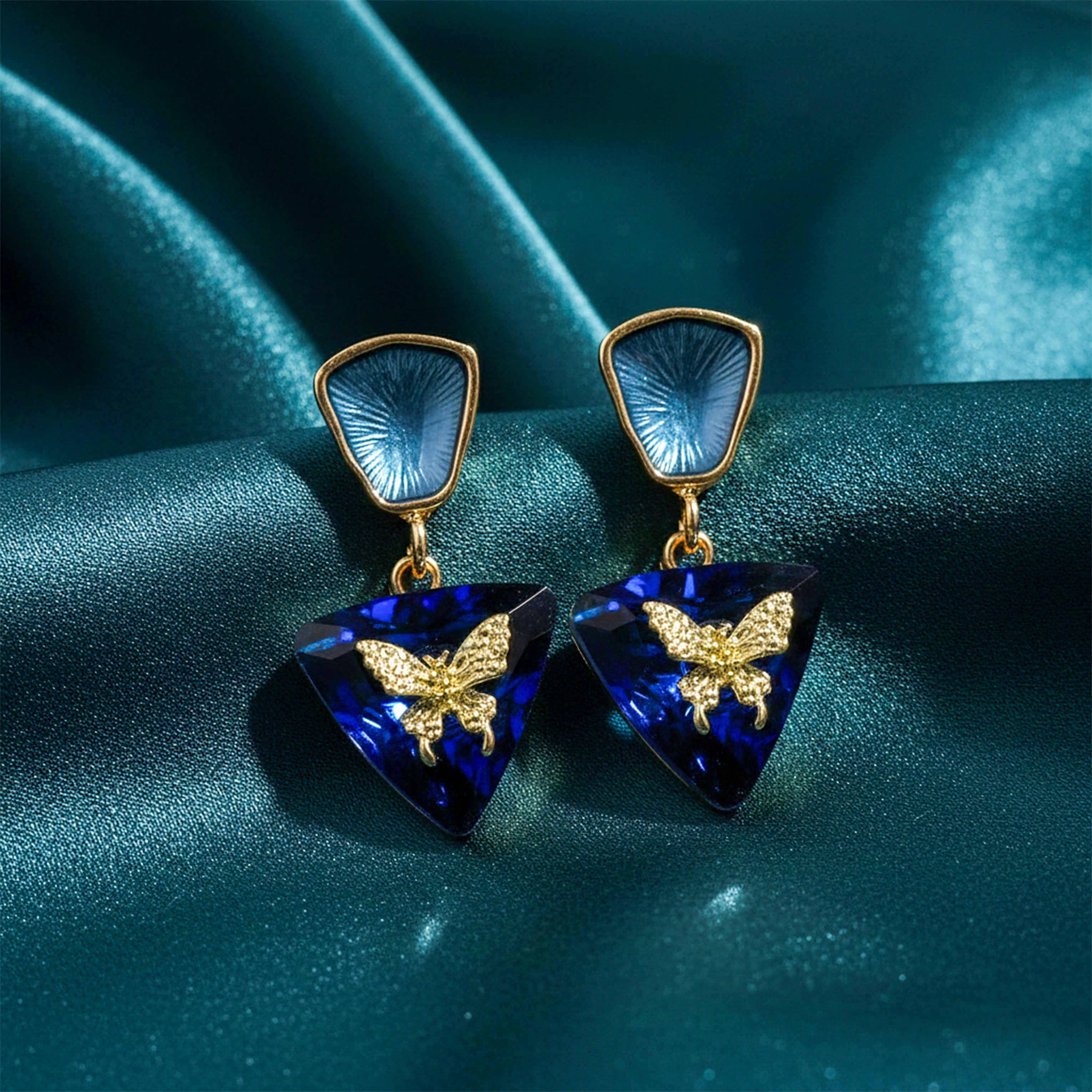 Gold Blue Butterfly Crystal Stud Earrings for women - Finora Jewels