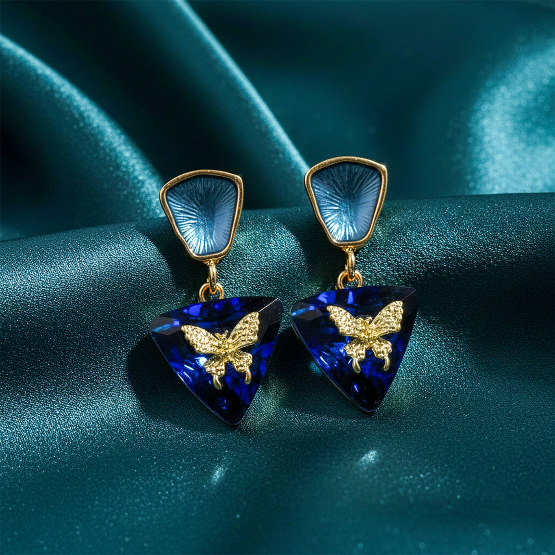 Gold Blue Butterfly Crystal Stud Earrings for women - Finora Jewels
