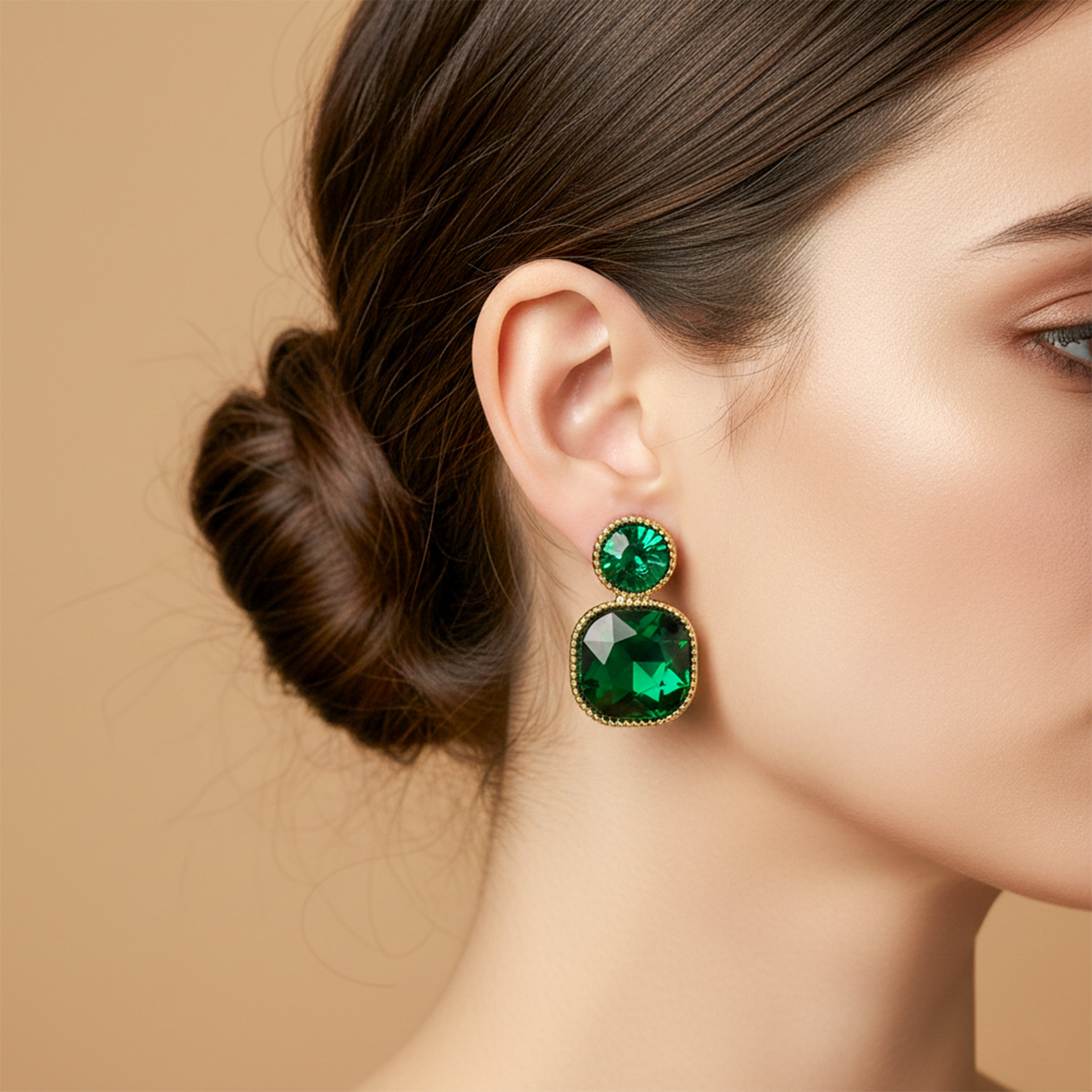 Gold Emerald Square Stud Earrings for women - Finora Jewels