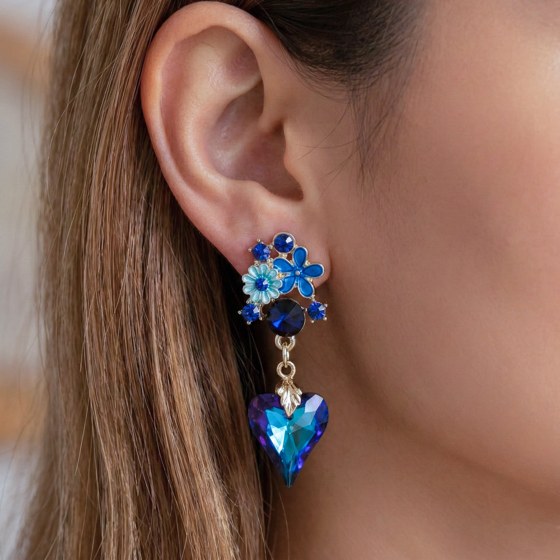 Gold Blue Floral Heart Drop Stud Earrings for women - Finora Jewels