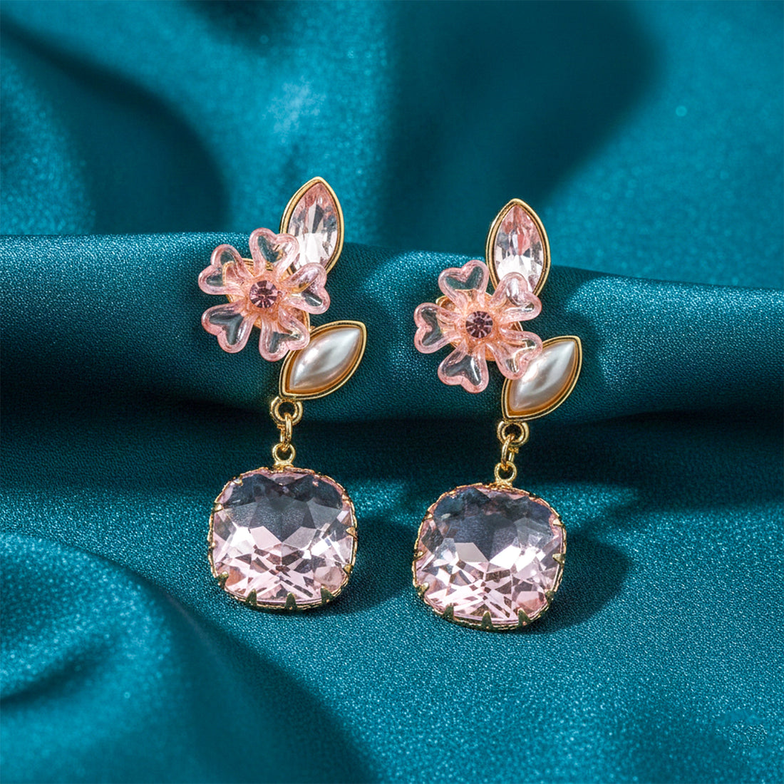 Blush Floral Crystal Drop Earrings for women in Gold - Finora Jewels