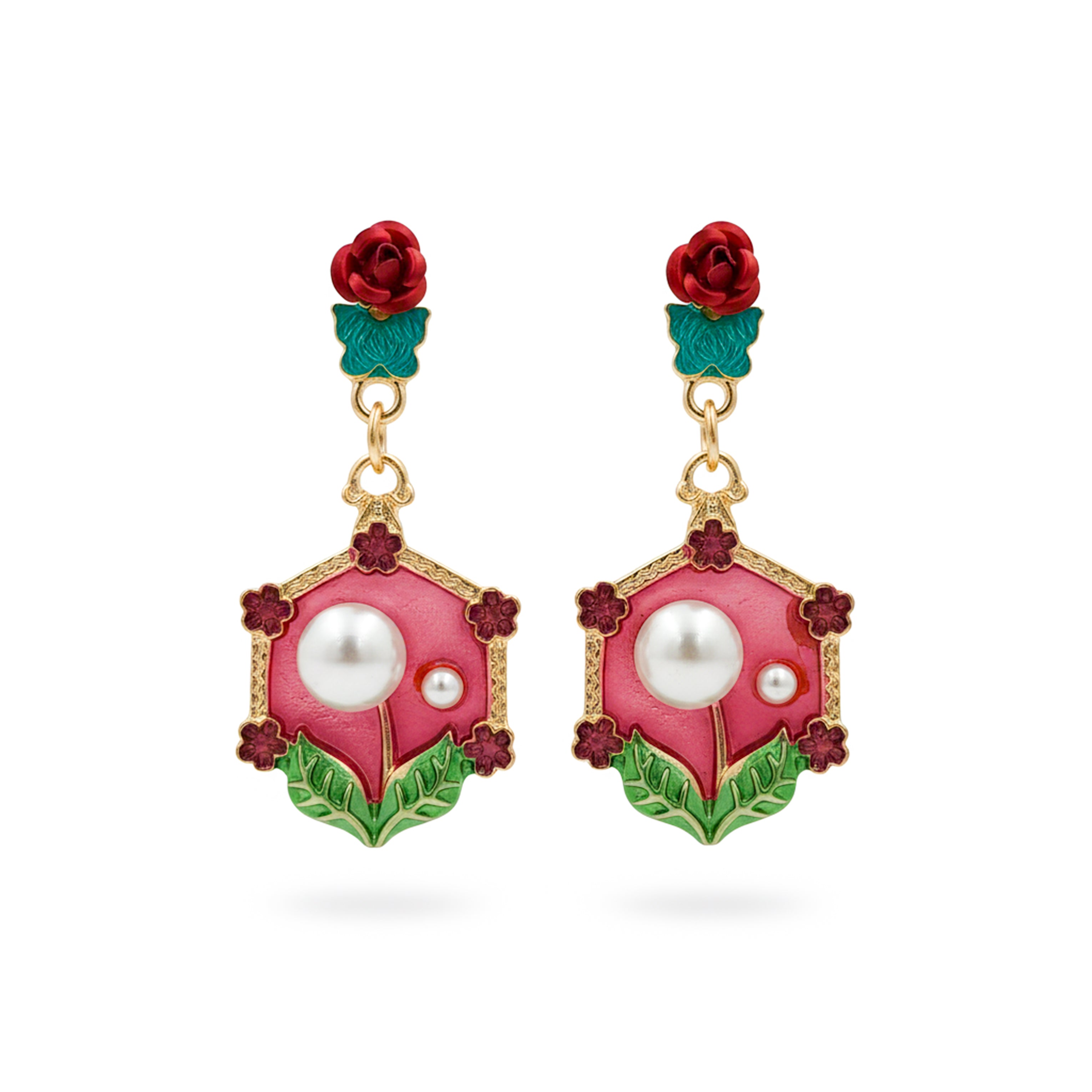 Women Stud Earrings Red Floral Pearl Gold jewellery - Finora Jewels