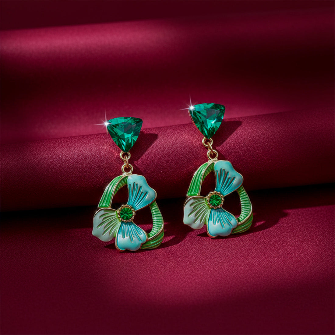 Emerald Floral Drop Stud Earrings for women in Gold - Finora Jewels