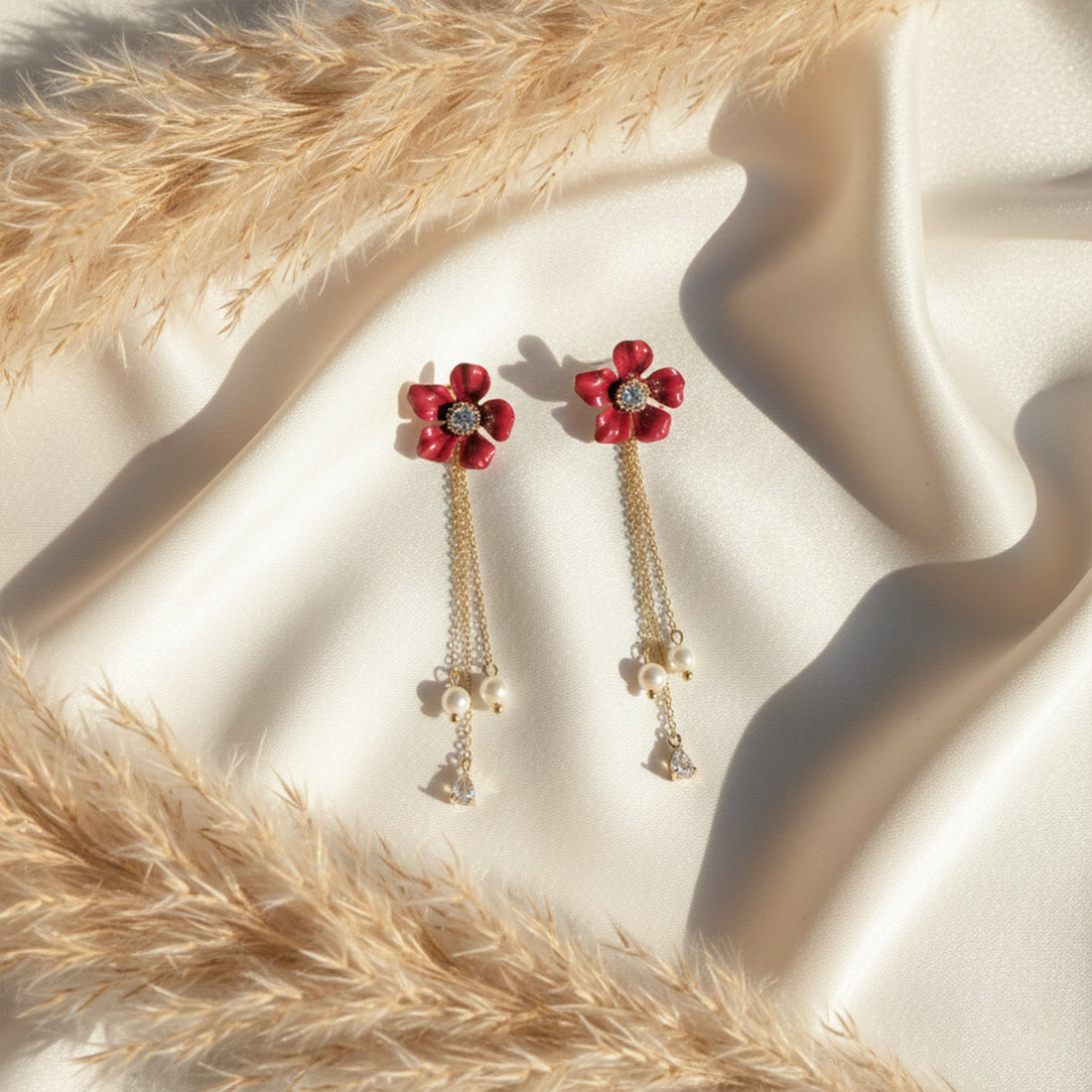 Crimson Foliage Moti Fringe Ear Studs GWE -119