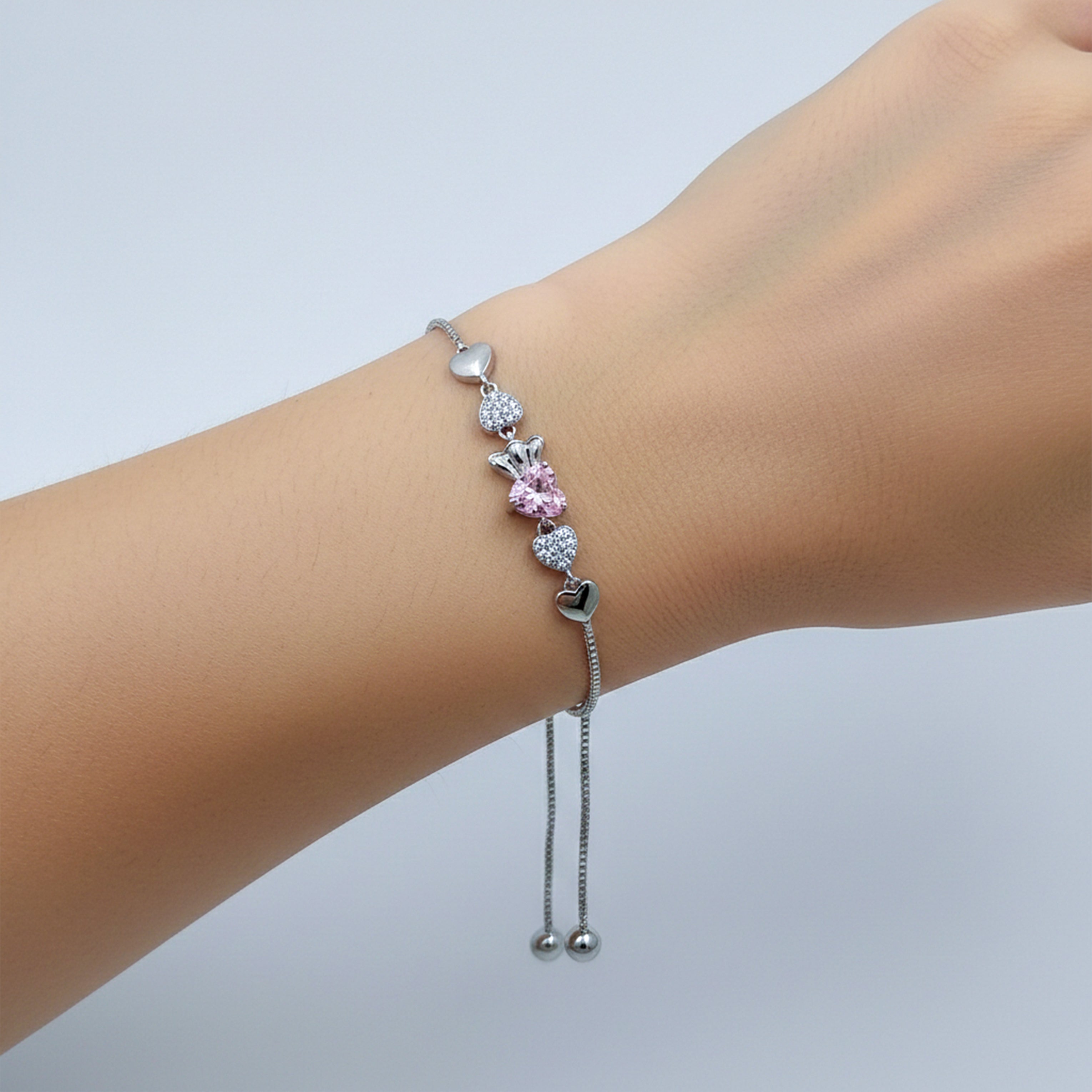 Silver Pink Heart Bow Bracelet for women - Finora Jewels
