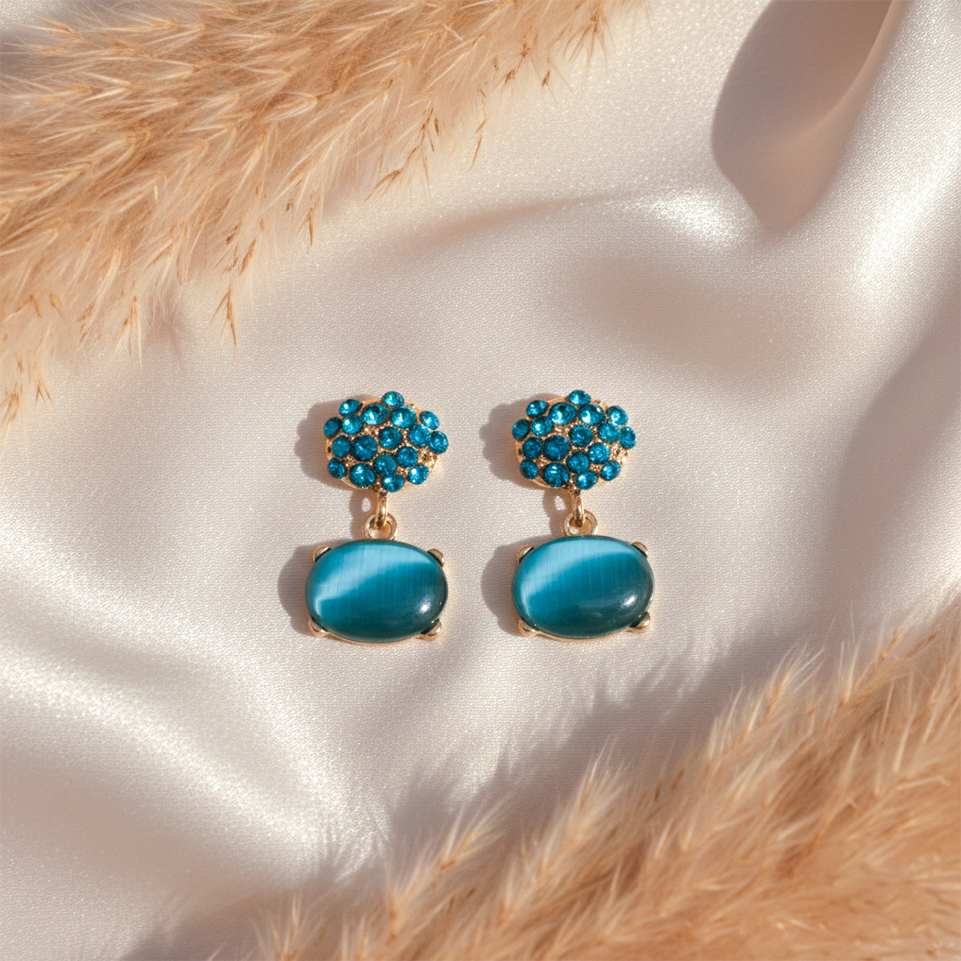 Teal Cubic Zirconia Elliptical Dangle Ear Studs GWE -218