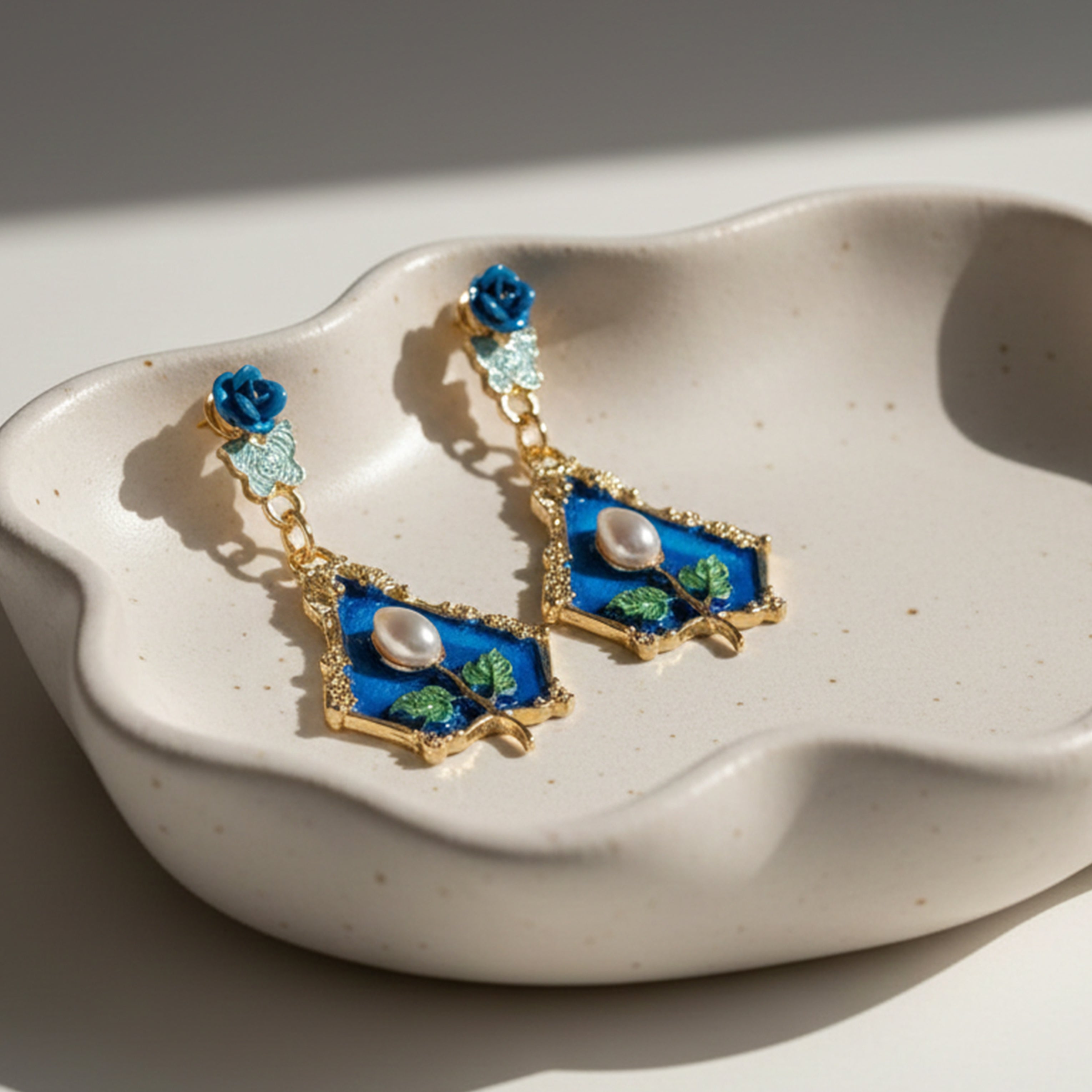 Women Drop Earrings Royal Blue Floral Gold jewellery - Finora Jewels