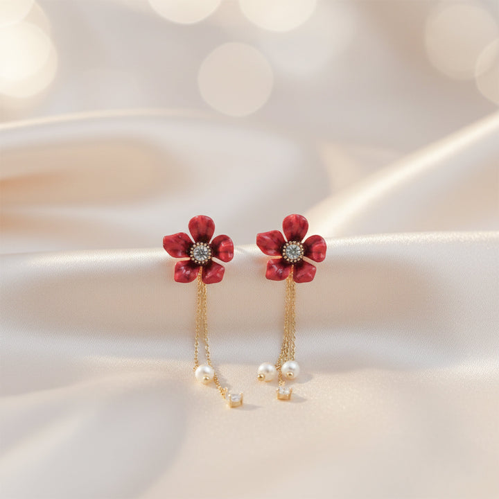 Crimson Foliage Moti Fringe Ear Studs GWE -119