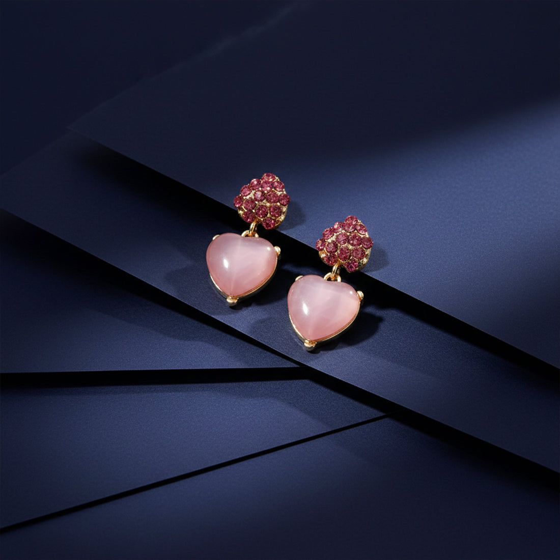 Pink Heart Crystal Stud Earrings for women in Gold - Finora Jewels