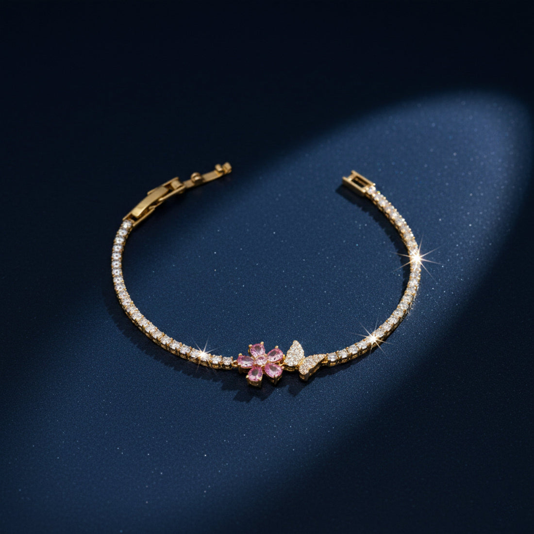 Gold Pink Blossom Butterfly Tennis Bracelet for women - Finora Jewels