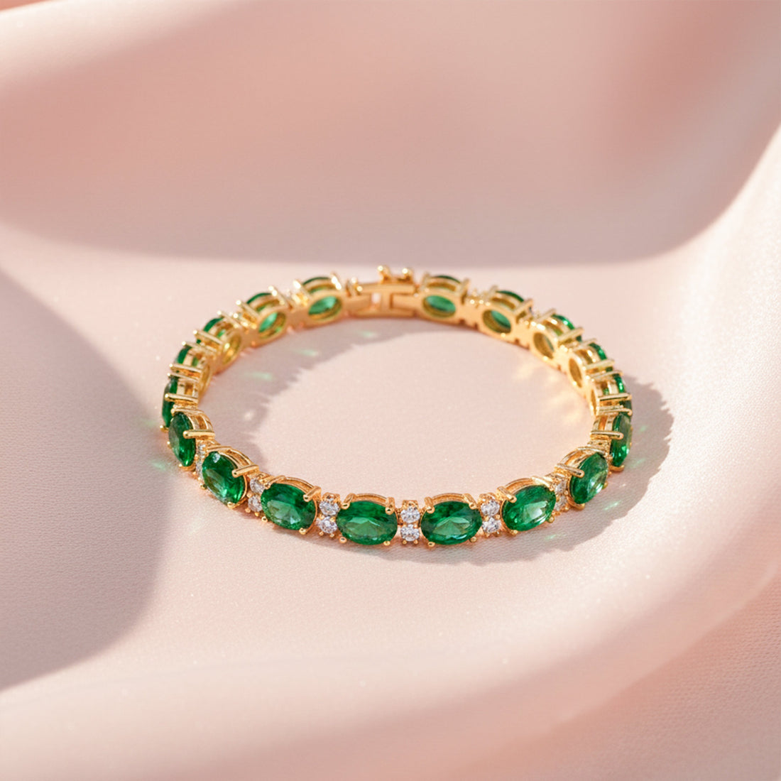 Emerald Green Oval Tennis Bracelet for women in Gold - Finora Jewels