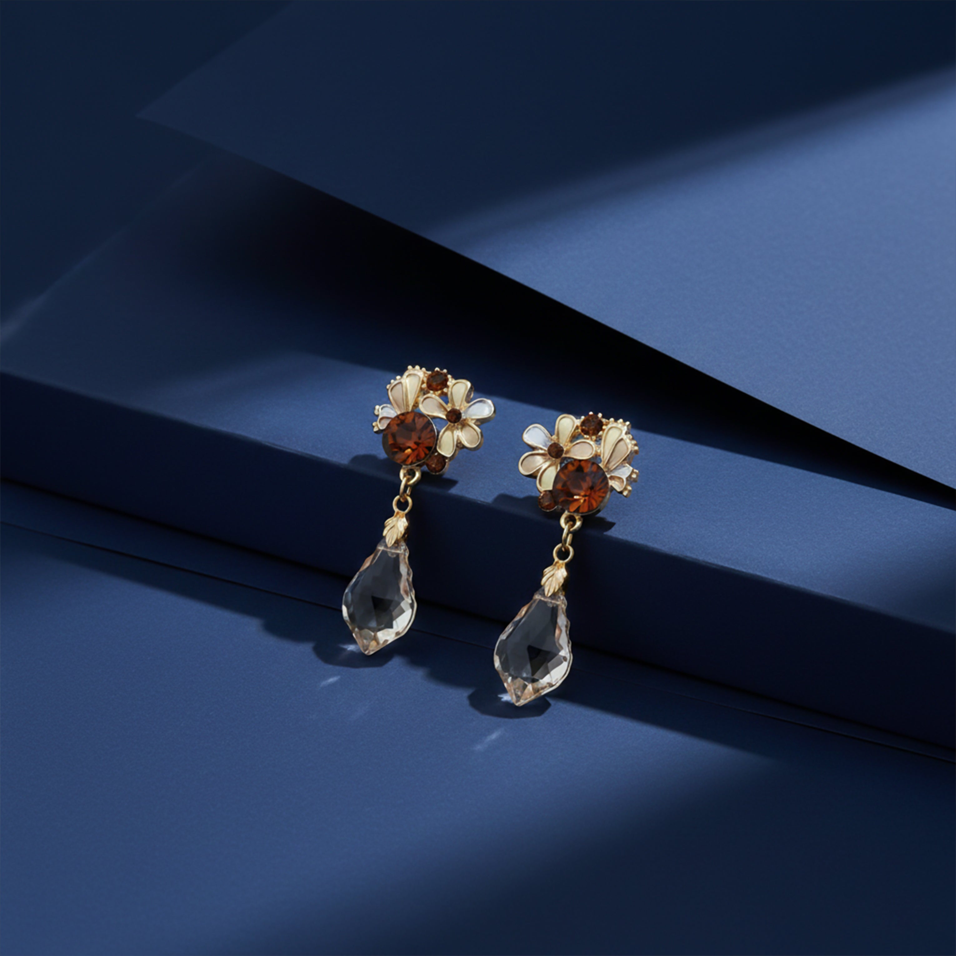 Brown Crystal Floral Drop Stud Earrings for women in Gold - Finora Jewels