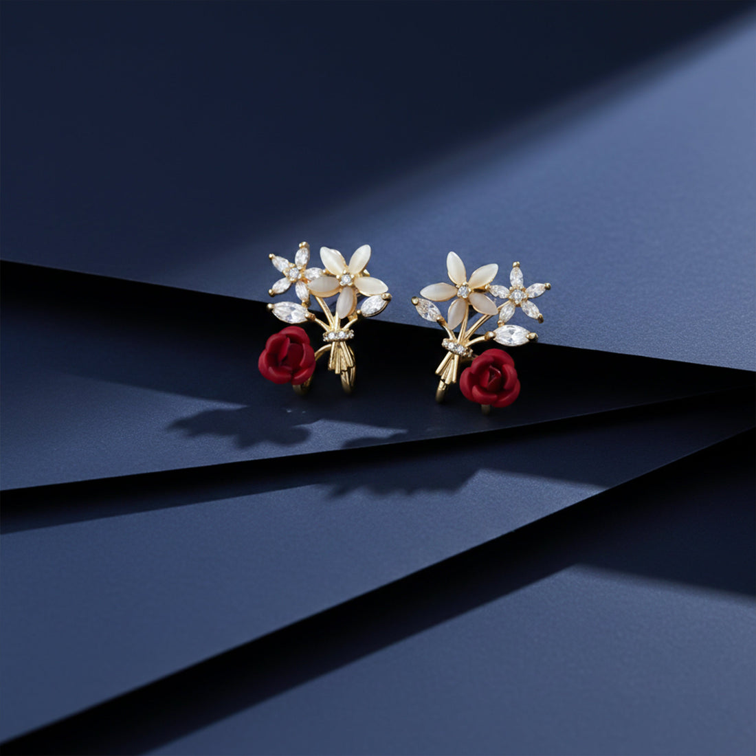 Women Stud Earrings Floral Bouquet Crystal Stud Gold jewellery - Finora Jewels