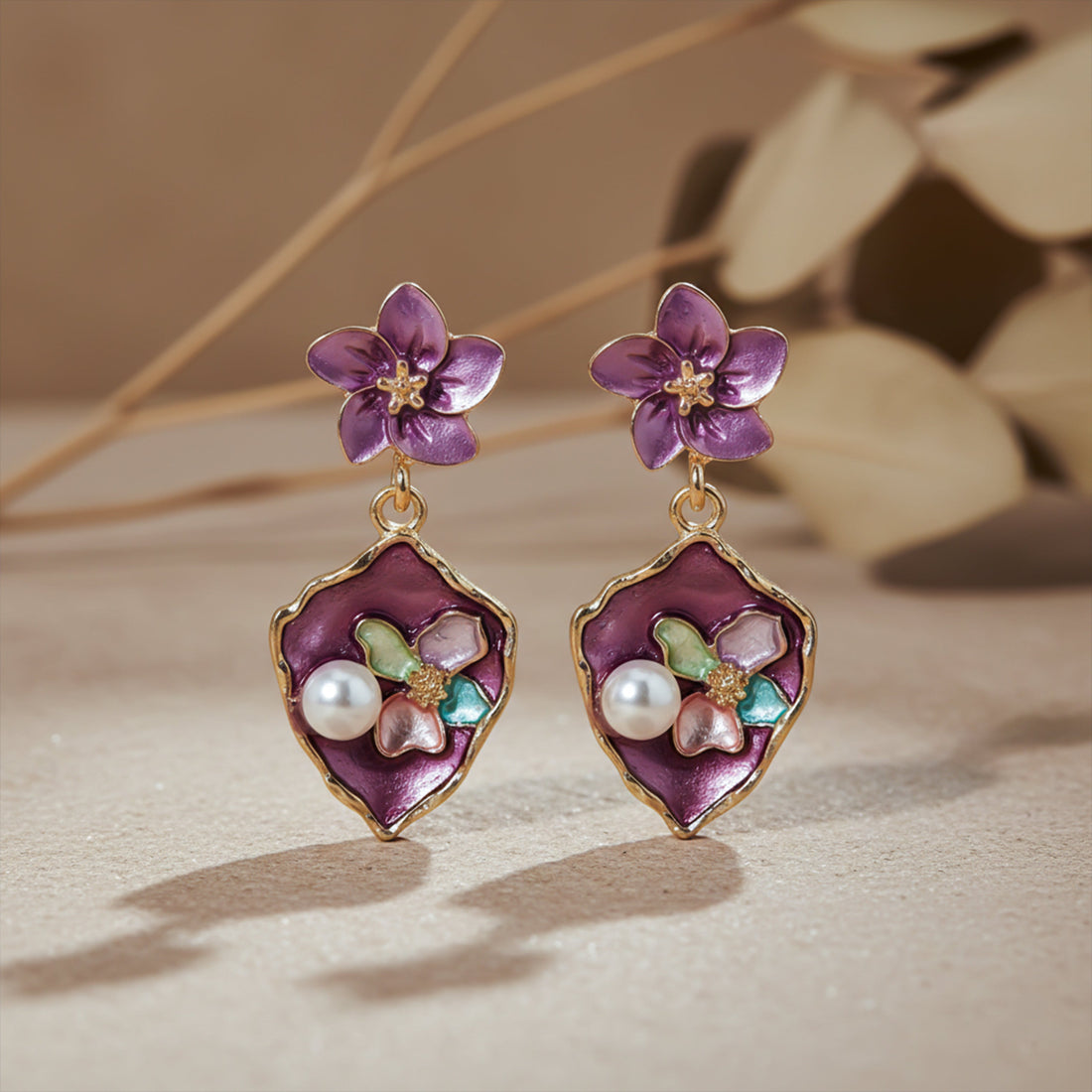 Gold Purple Floral Stud Earrings for women - Finora Jewels