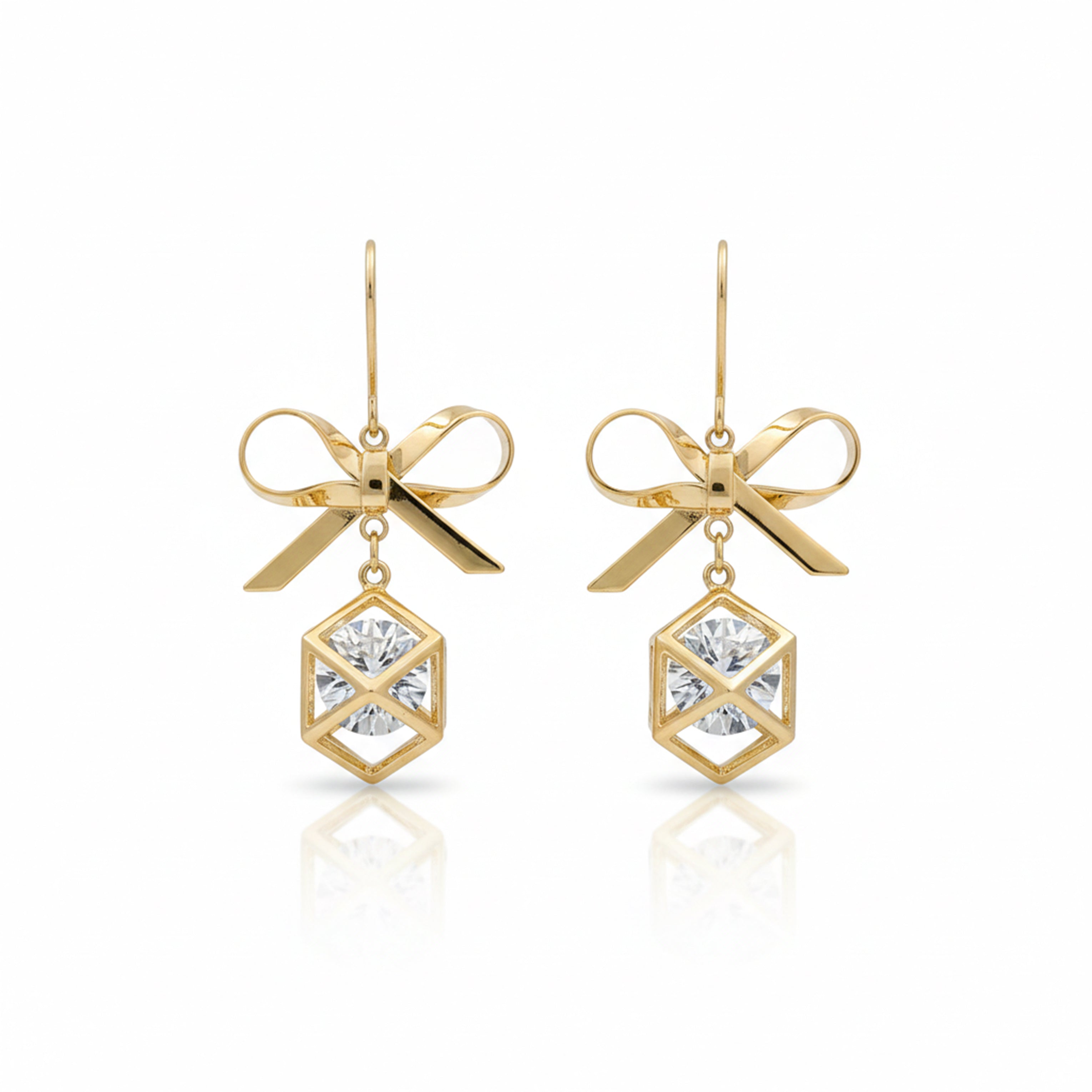 Gold-Toned Bow Cube Dangle Ear Studs GWE -110