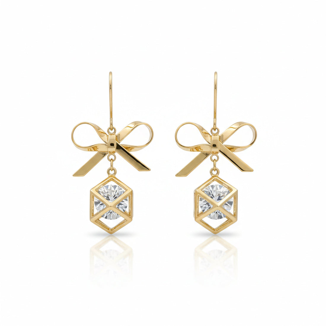 Gold-Toned Bow Cube Dangle Ear Studs GWE -110