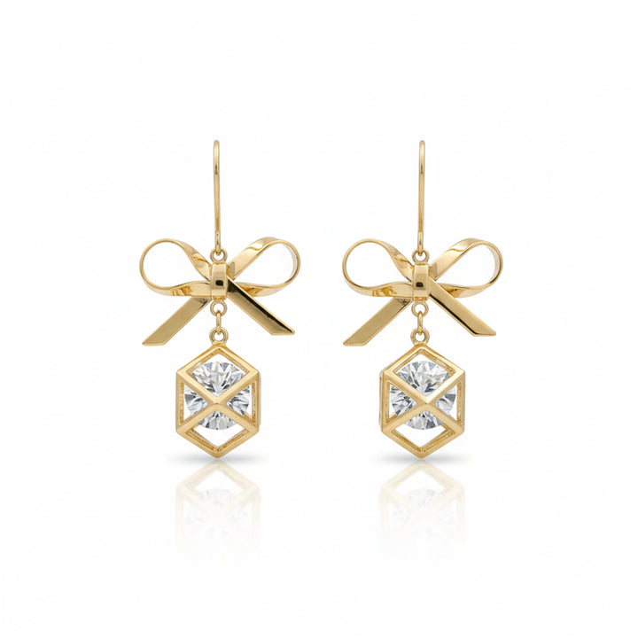 Gold-Toned Bow Cube Dangle Ear Studs GWE -110
