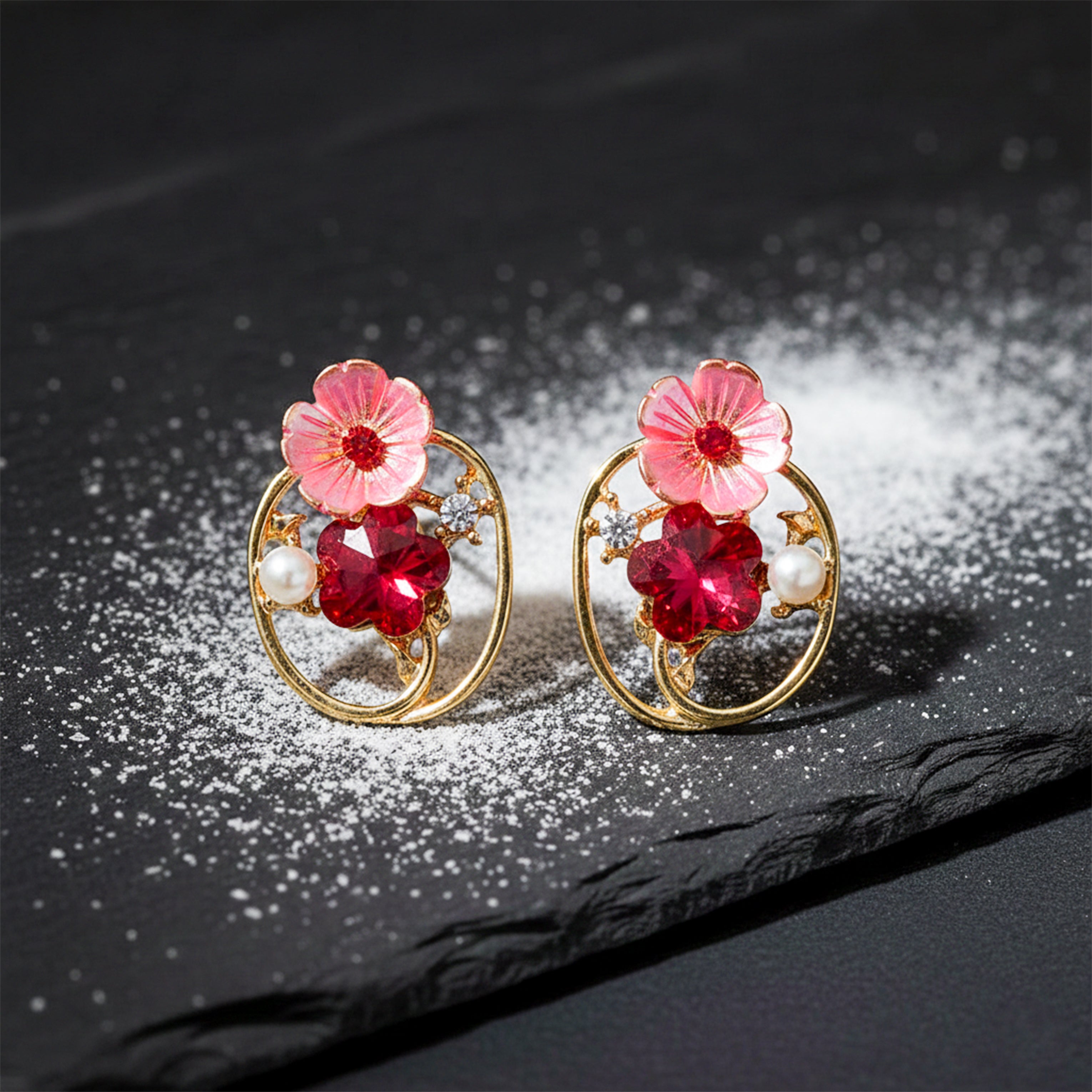 Gold Red Floral Crystal Stud Earrings for women - Finora Jewels