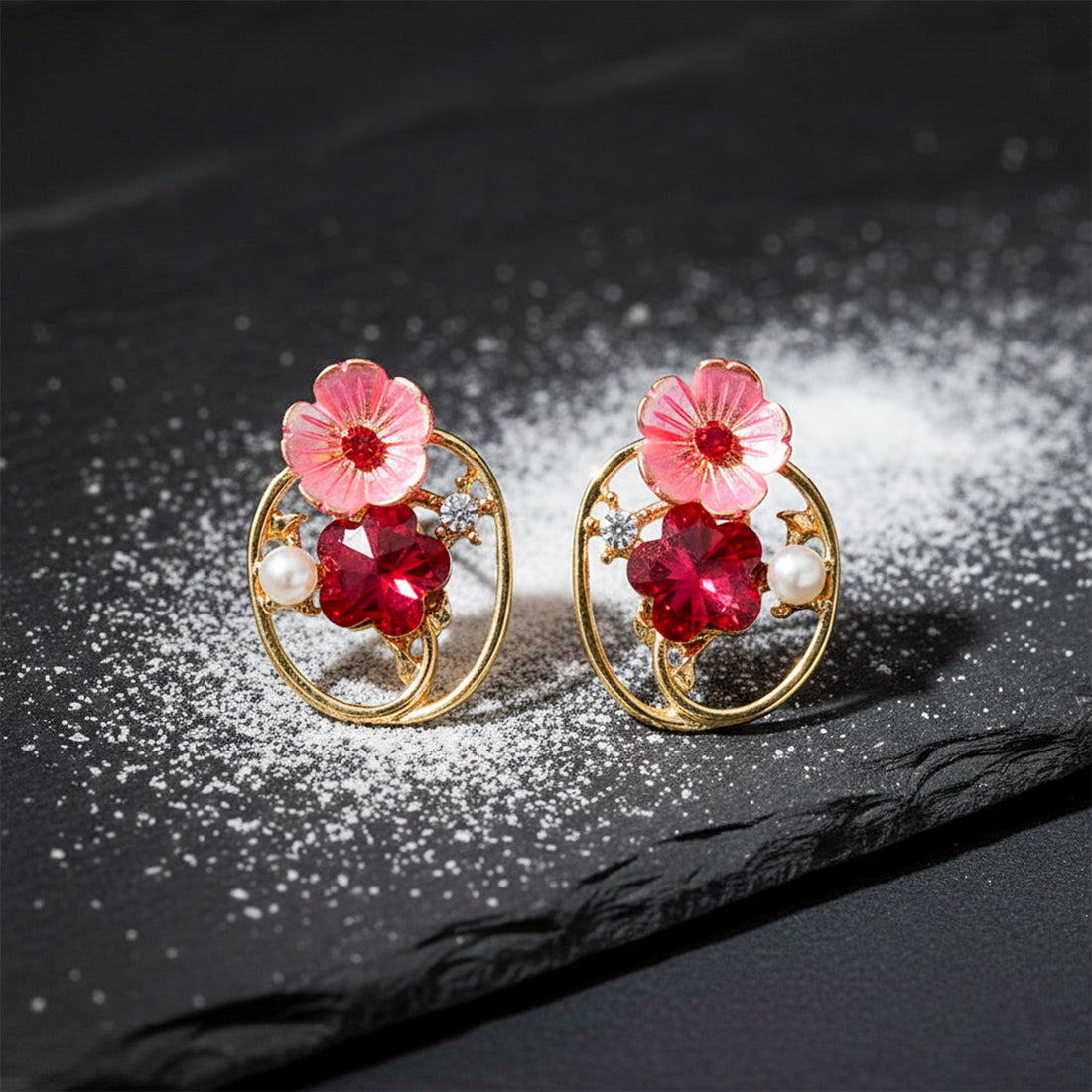Gold Red Floral Crystal Stud Earrings for women - Finora Jewels