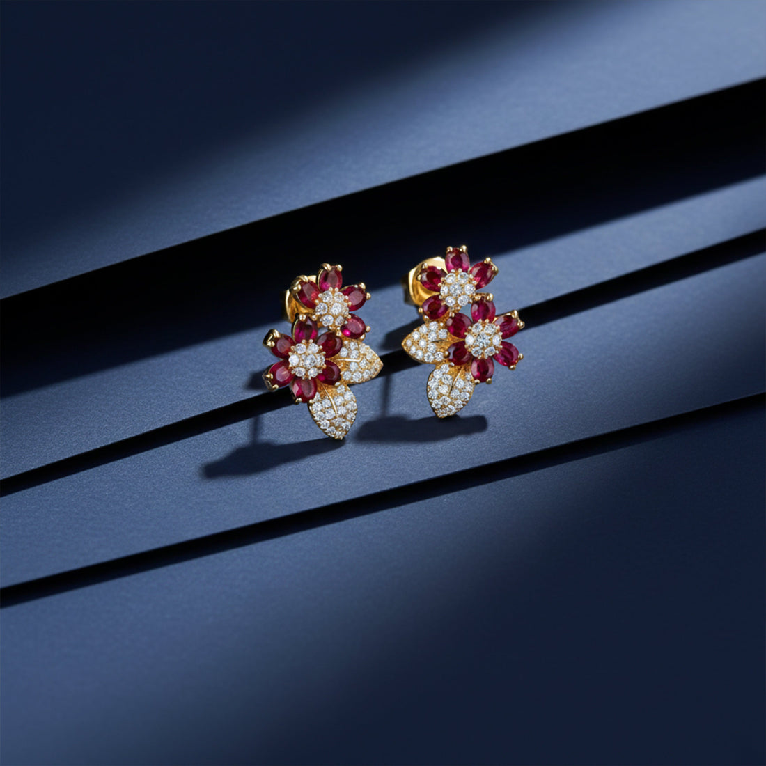 Gold Red Floral Crystal Stud Earrings for women - Finora Jewels