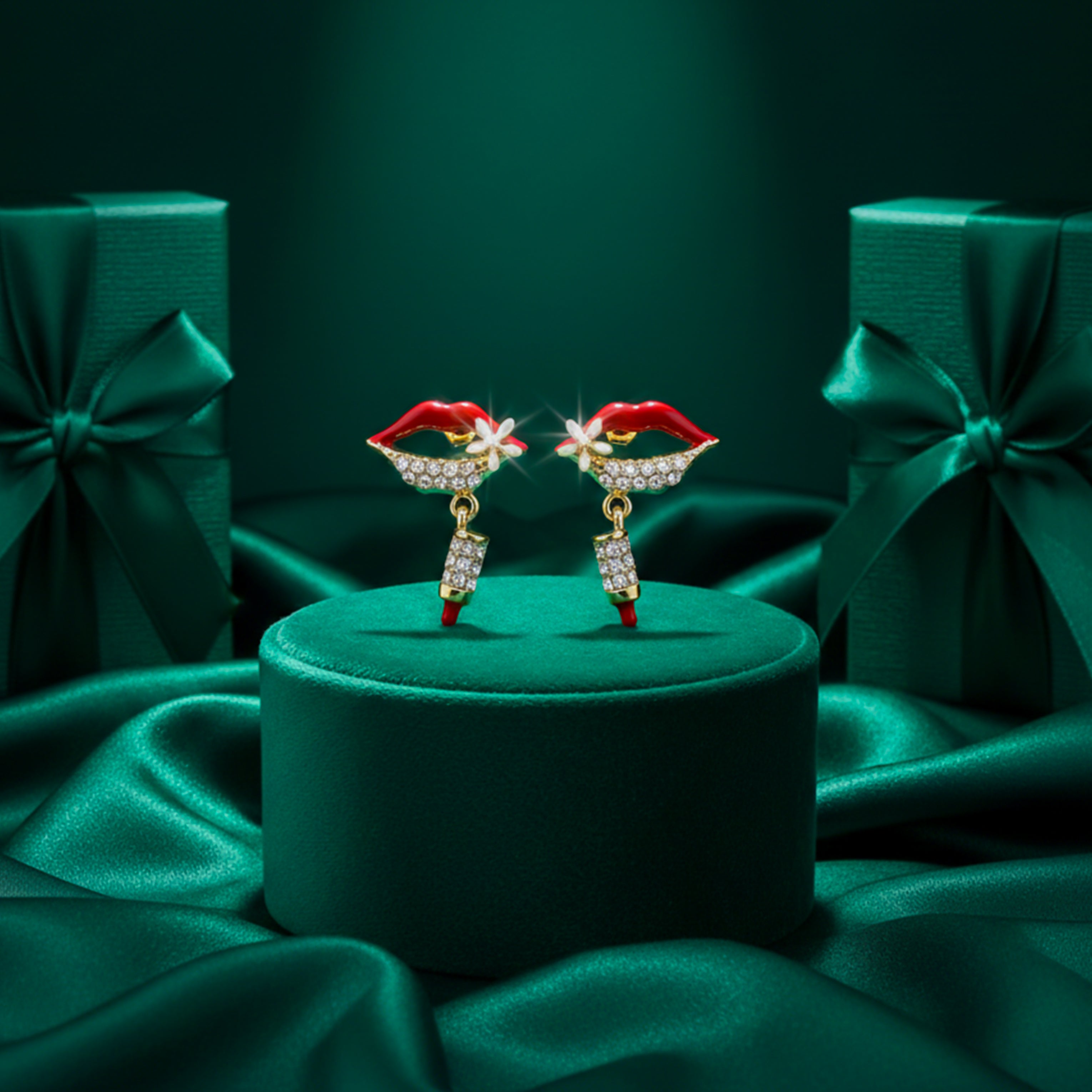 Red Lips Cubic Zirconia Dangle Ear Studs GWE -98