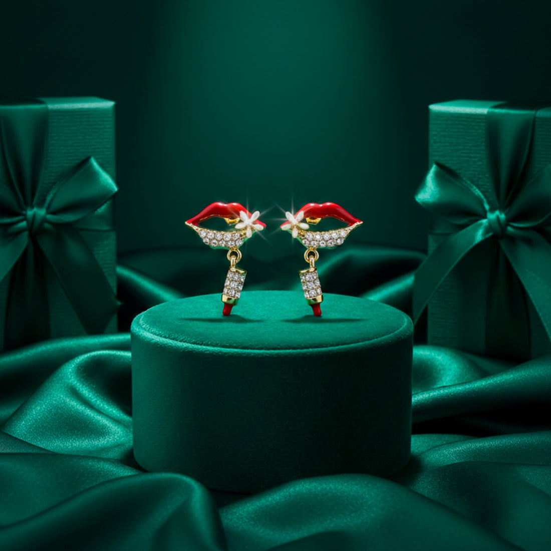 Red Lips Cubic Zirconia Dangle Ear Studs GWE -98
