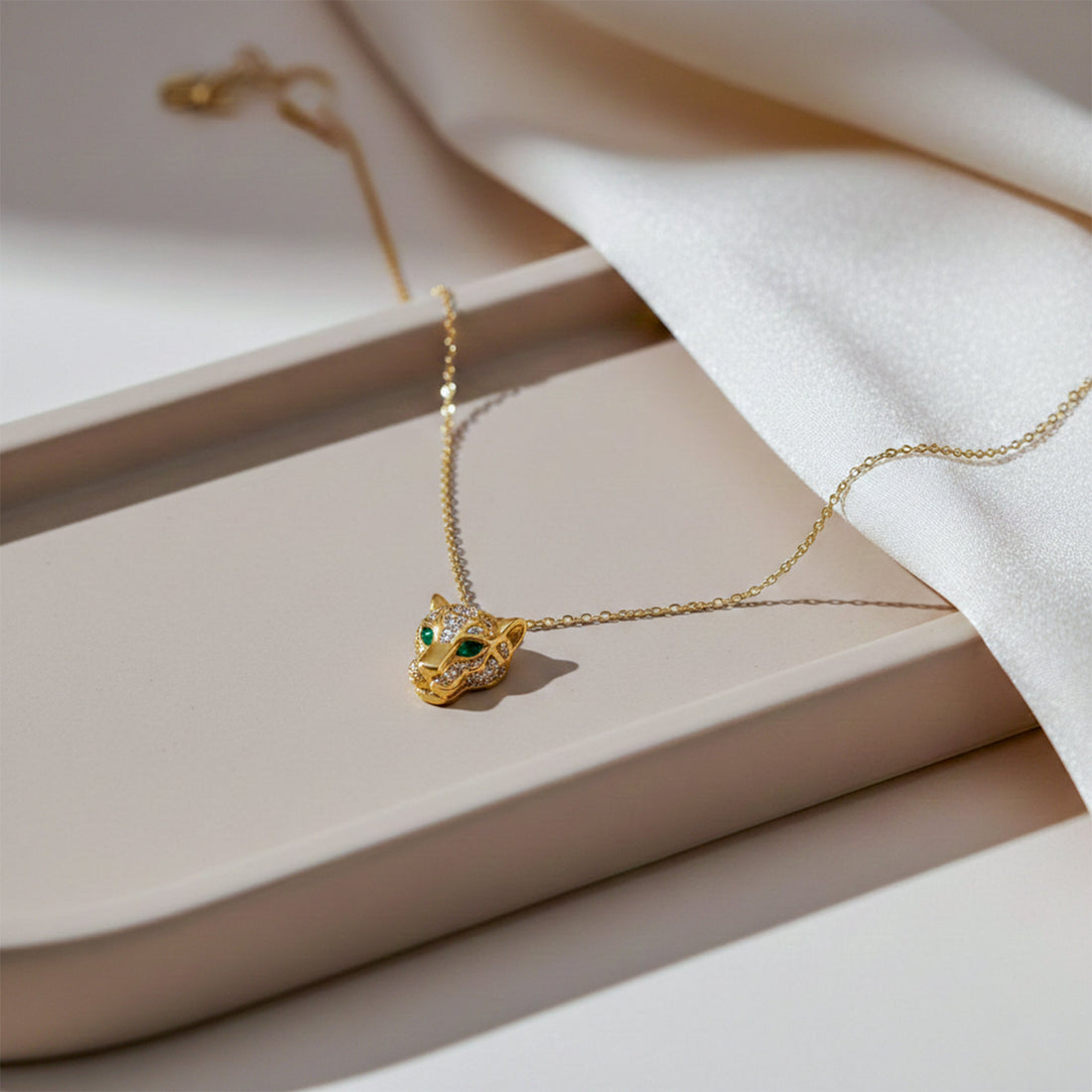 Gold Panther Head with Green Eyes Necklace for women - Finora Jewels