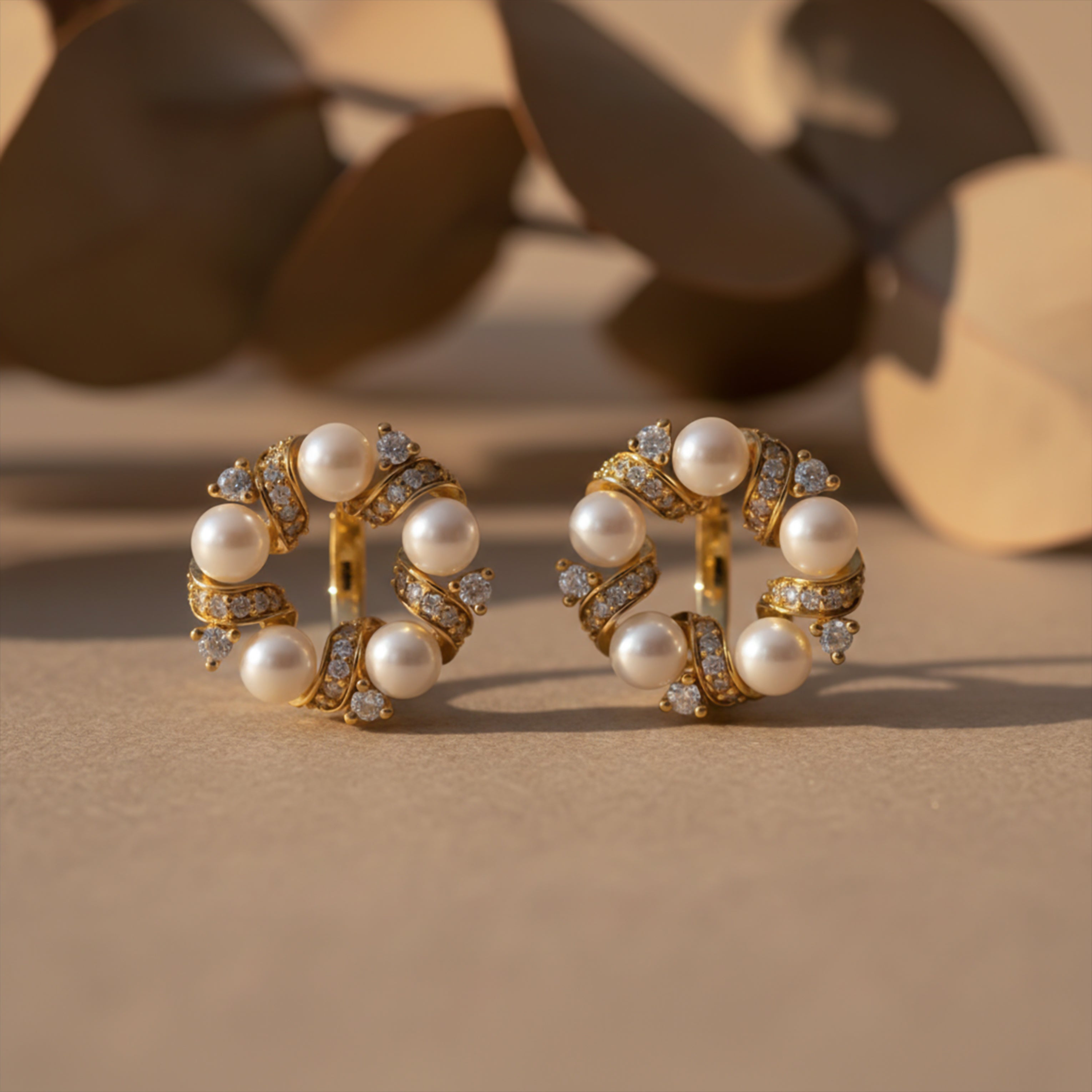 Women Stud Earrings Pearl & Crystal Circle Stud Gold jewellery - Finora Jewels