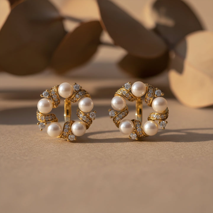Pearl and Crystal Circle Stud Earrings