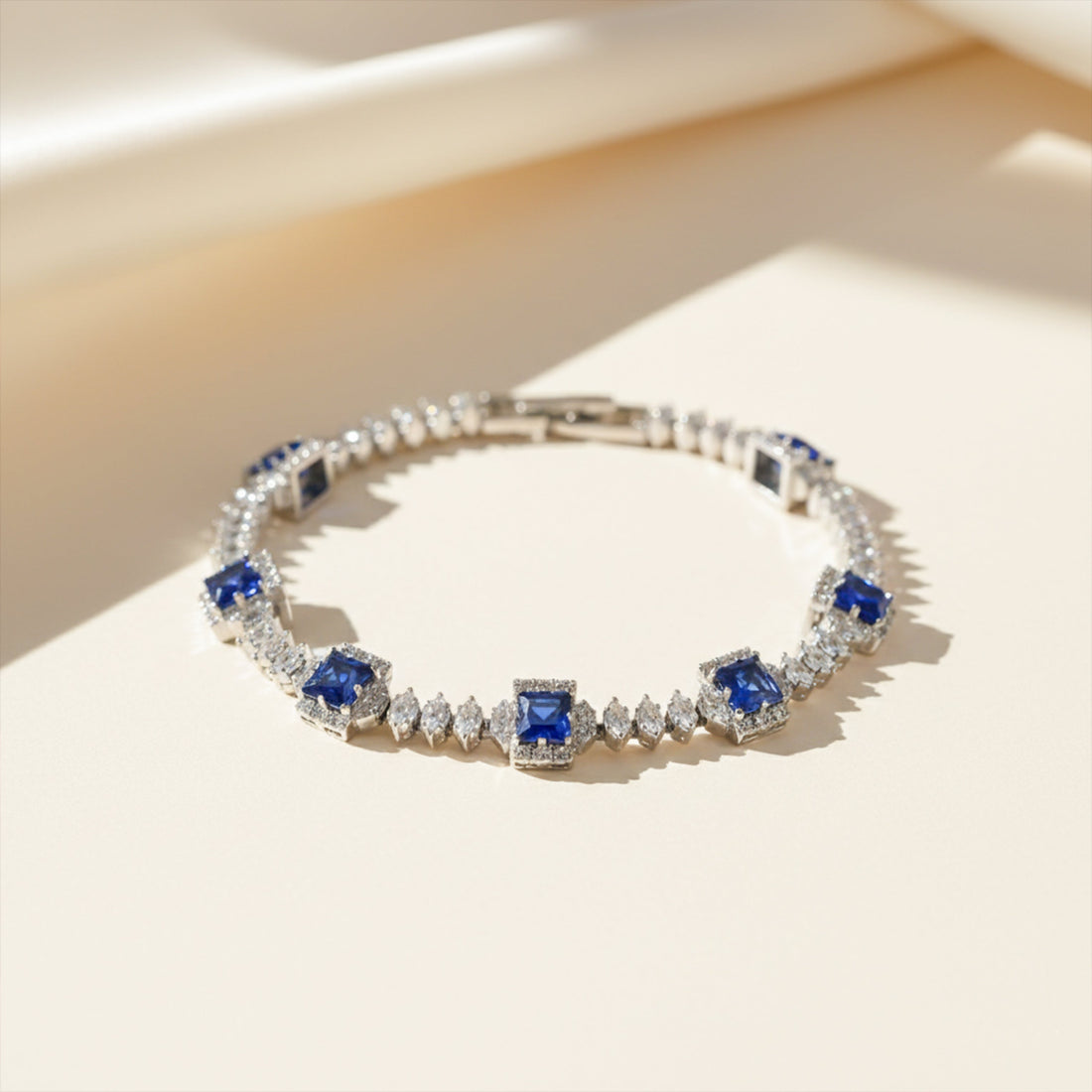 Women Bracelet Blue Princess Halo Tennis Silver jewellery - Finora Jewels