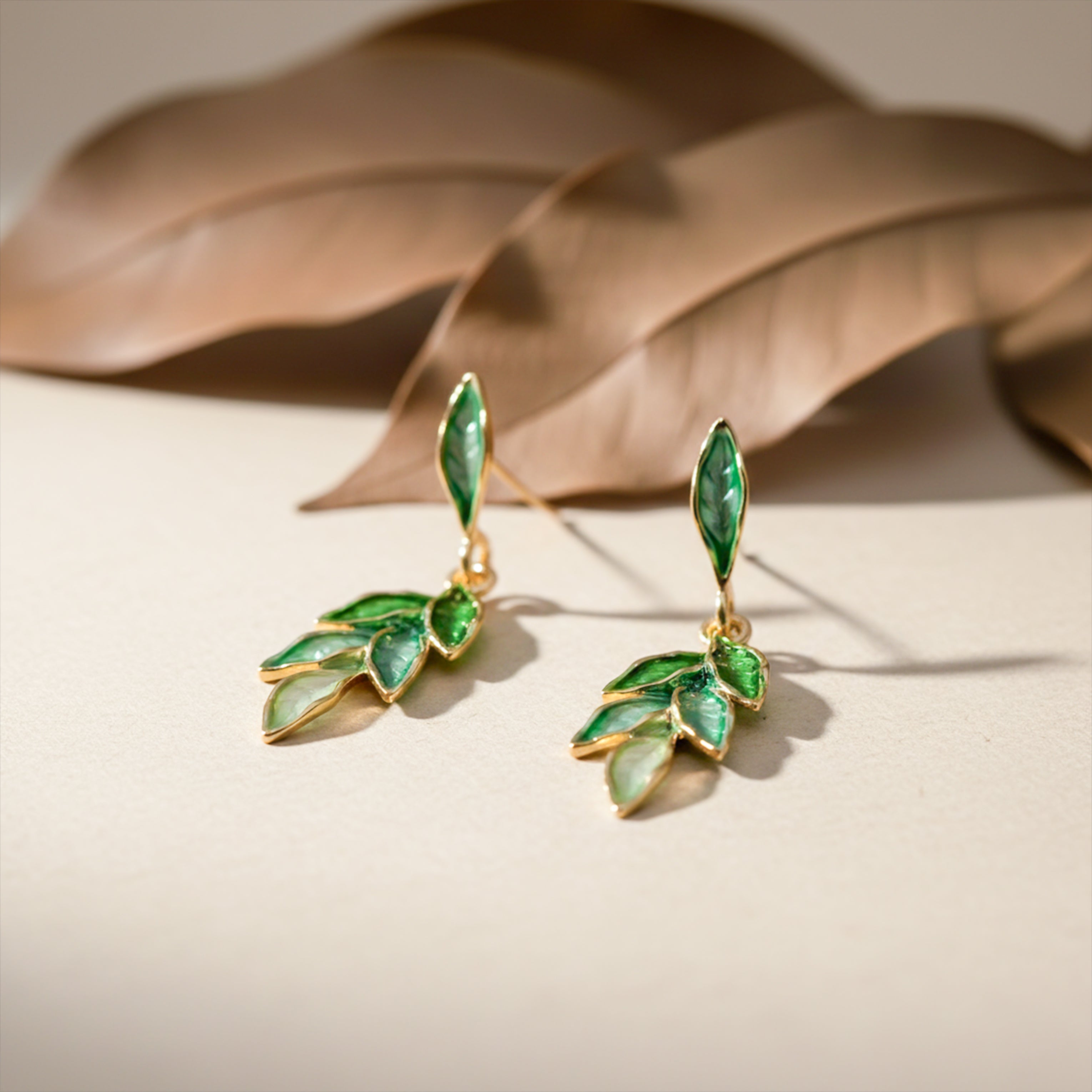 Women Stud Earrings Green Leaf Gold jewellery - Finora Jewels