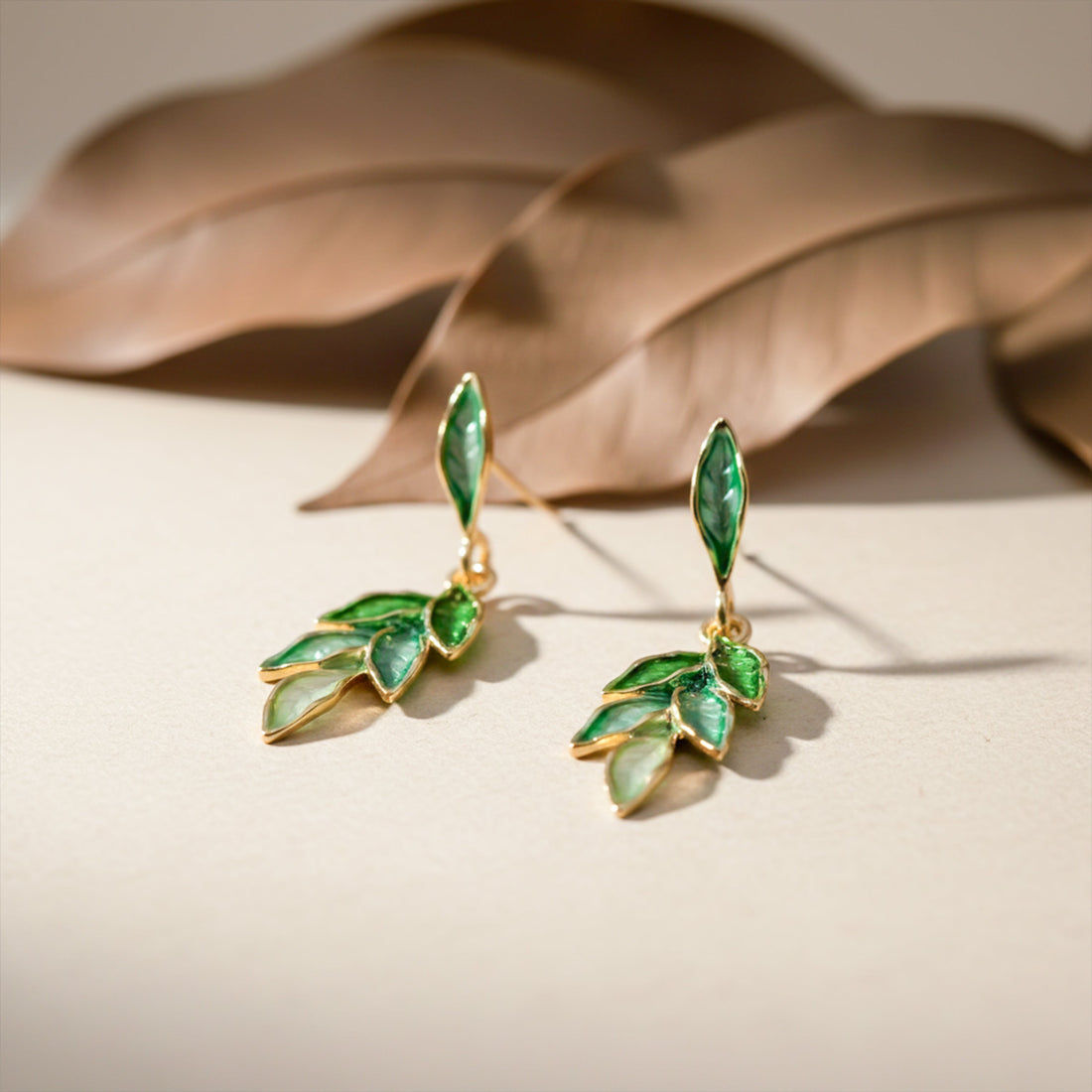 Women Stud Earrings Green Leaf Gold jewellery - Finora Jewels