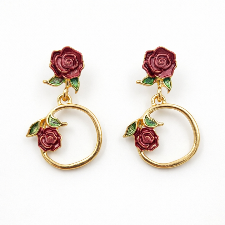Rosette Bloom Hoop Dangle Ear Studs GWE -175