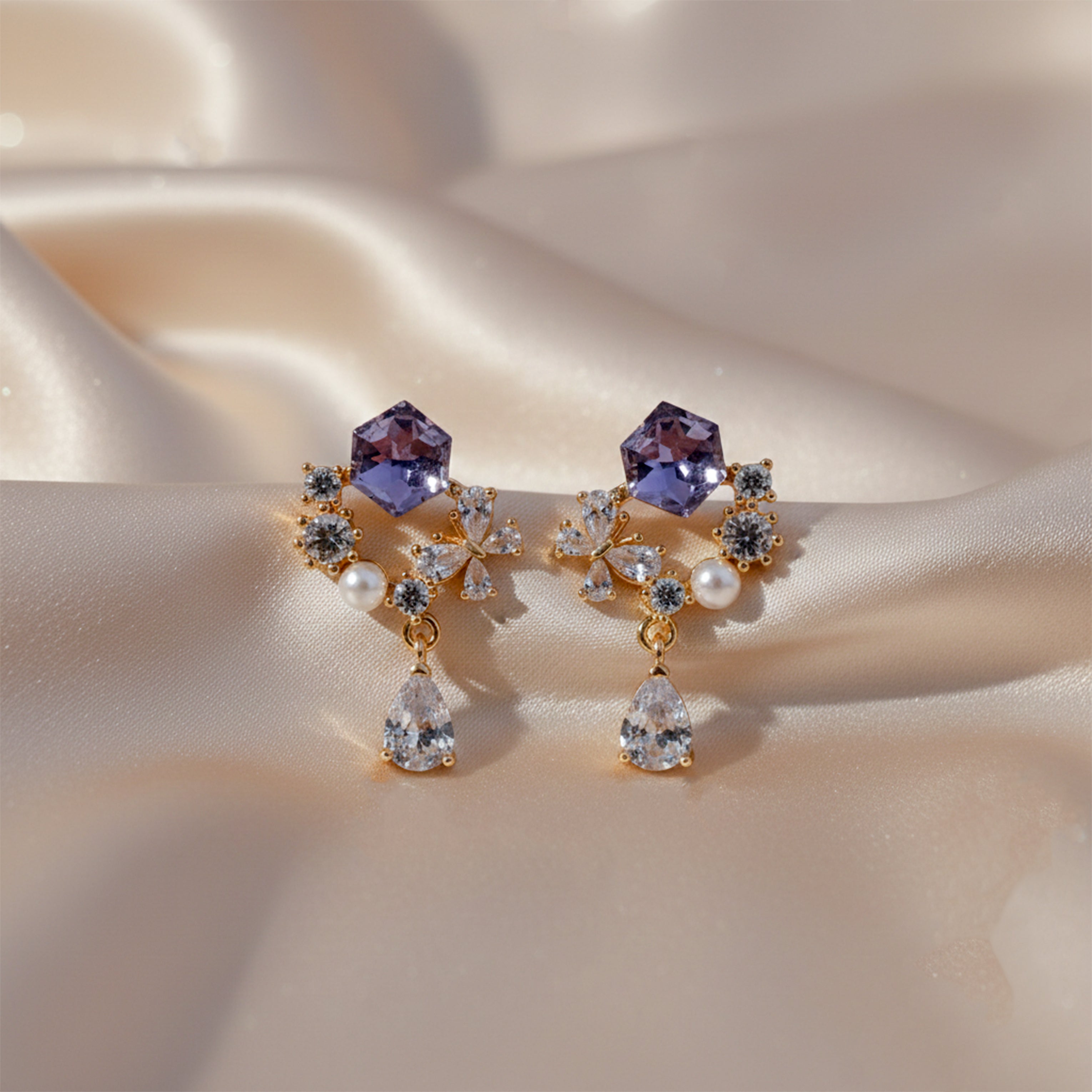 Assorted-Stone Bloom Gold Dangle Ear Studs GWE -168
