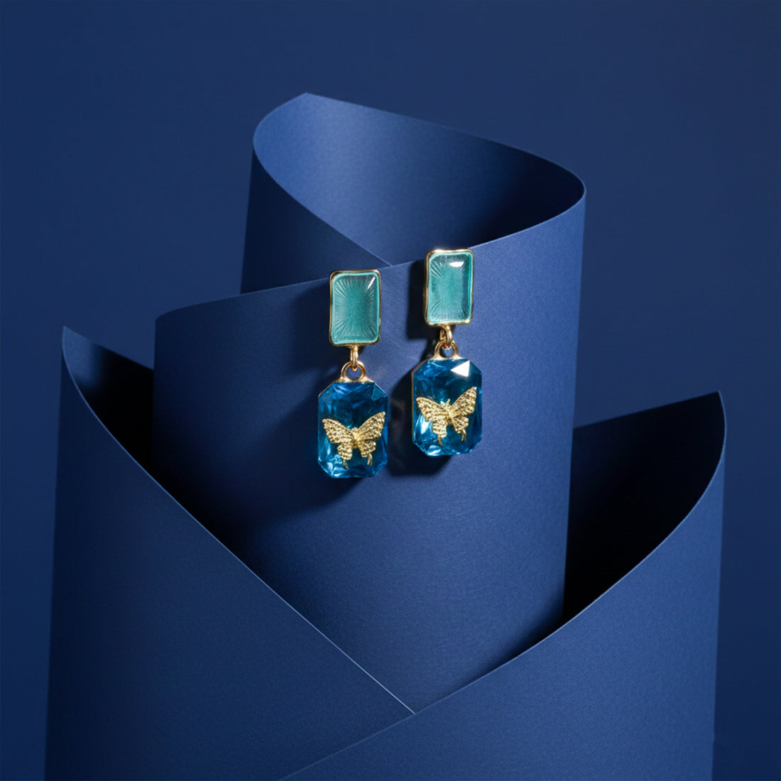 Gold Blue Crystal Stud Earrings for women - Finora Jewels