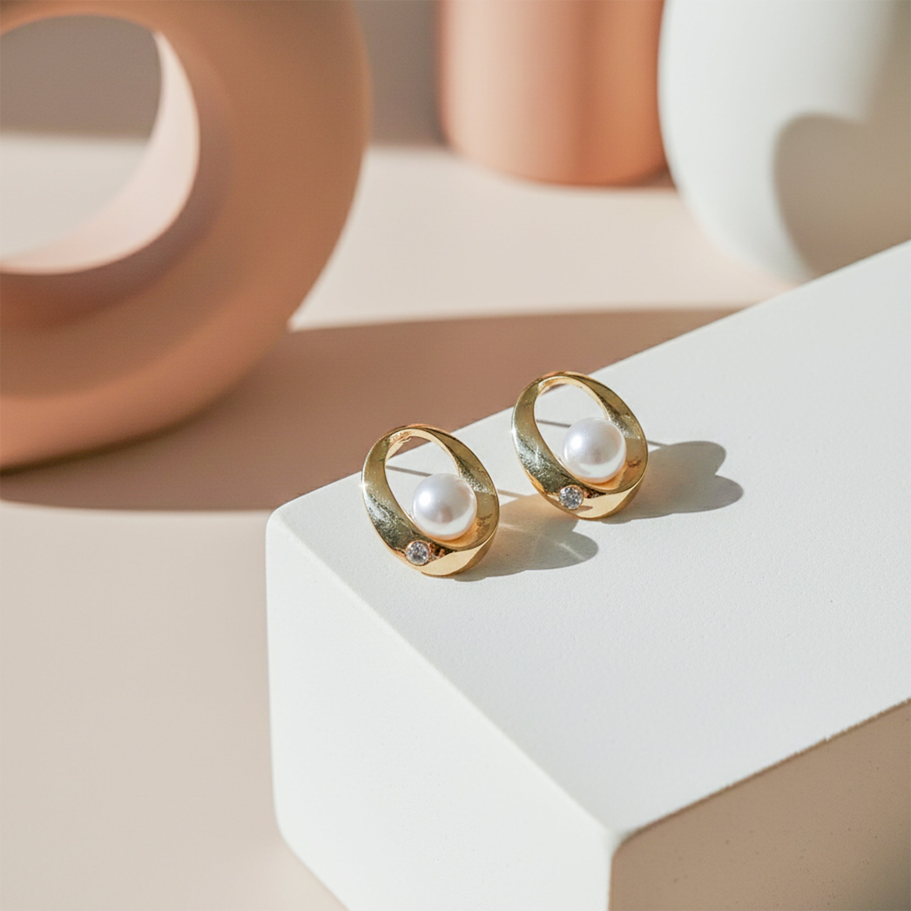 Luna Pearl Orbit Stud Earrings for women in Gold - Finora Jewels